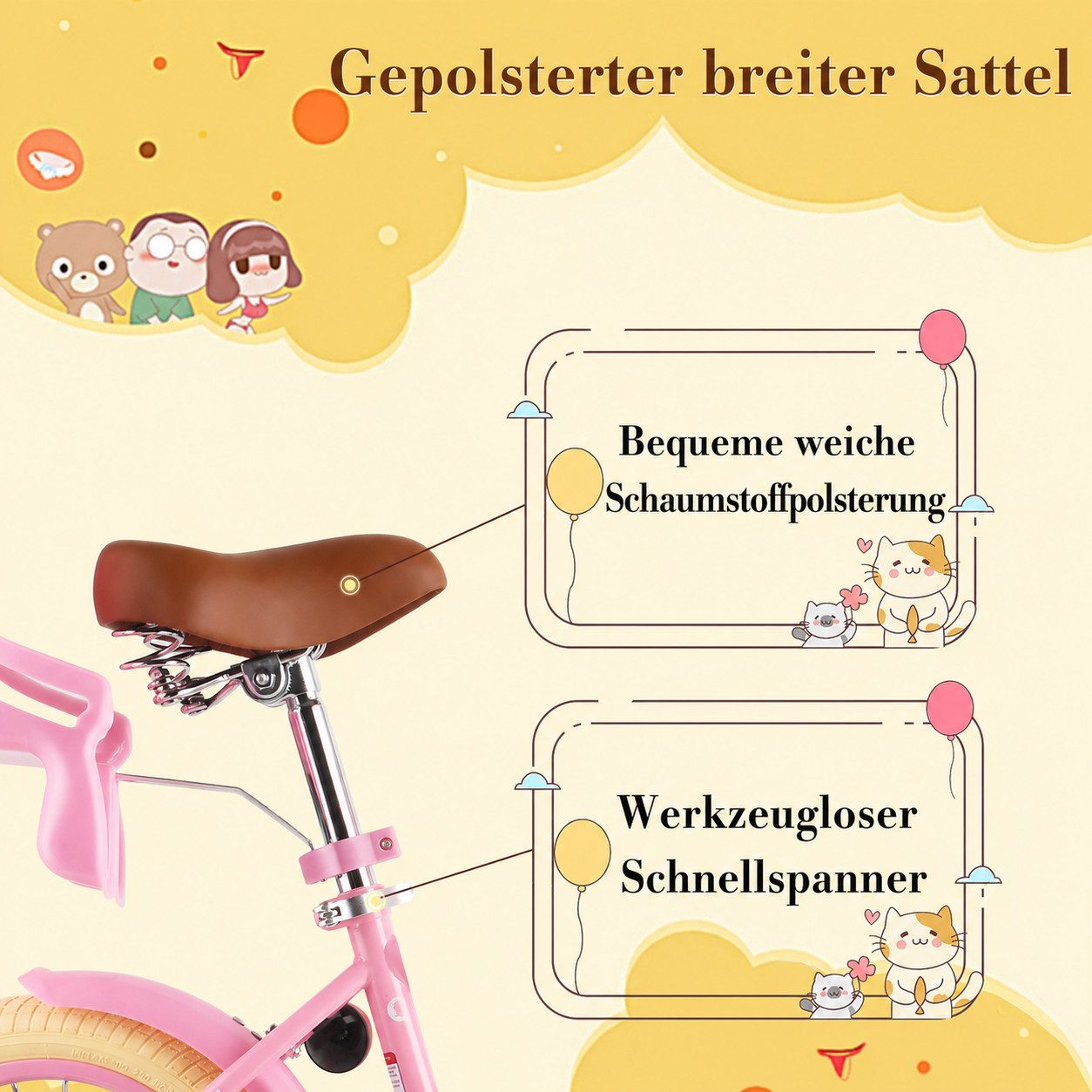 Vankel Kinderfahrrad 12/14/16 Zoll mit Stützrädern, 1 Gang, Für Mädchen 2–7 Jahre mit Korb & Puppensitz – Bild 5 von 5