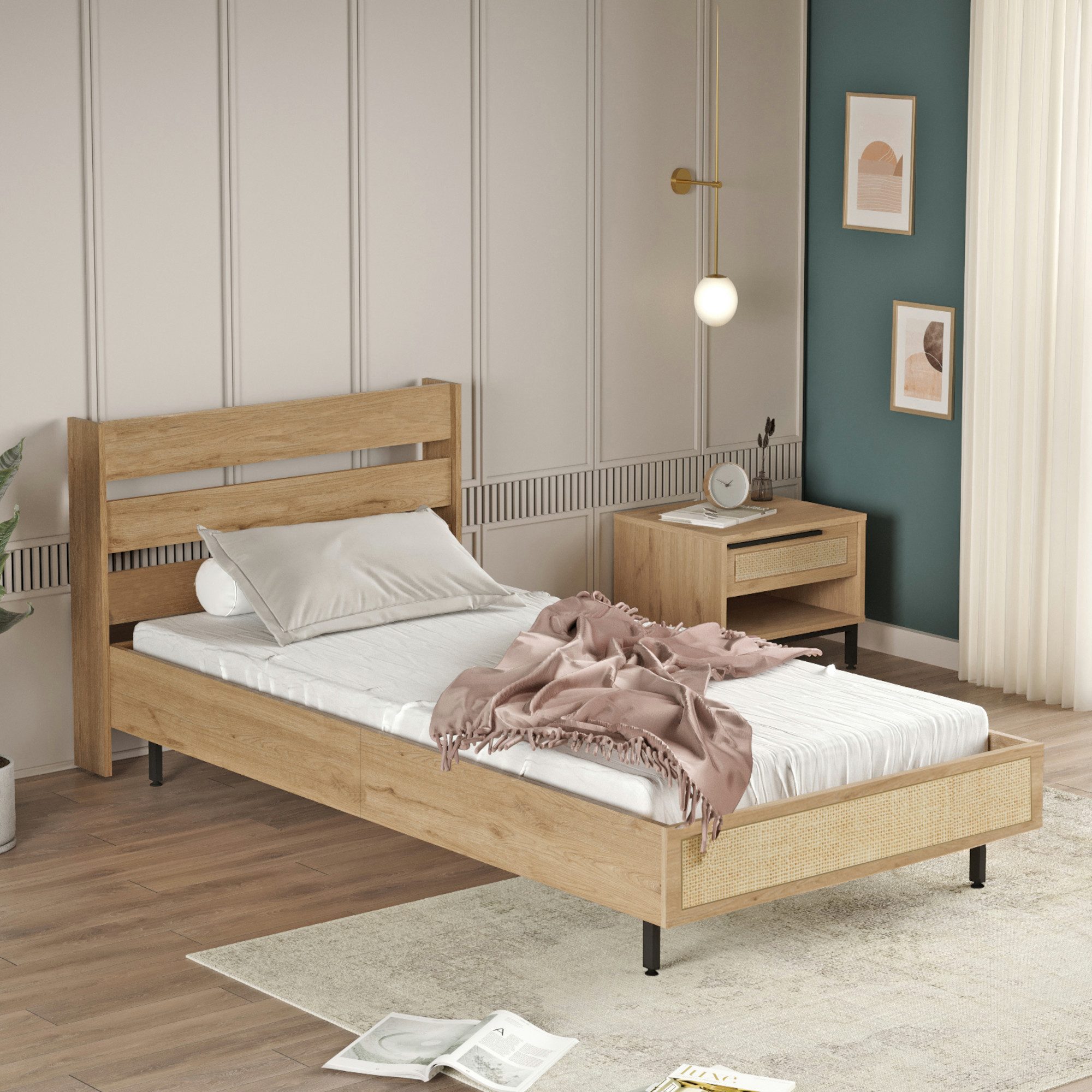 en.casa Einzelbett, »Kvænangen« mit Lattenrost 100 x 200 cm Eiche-/Rattan-Optik