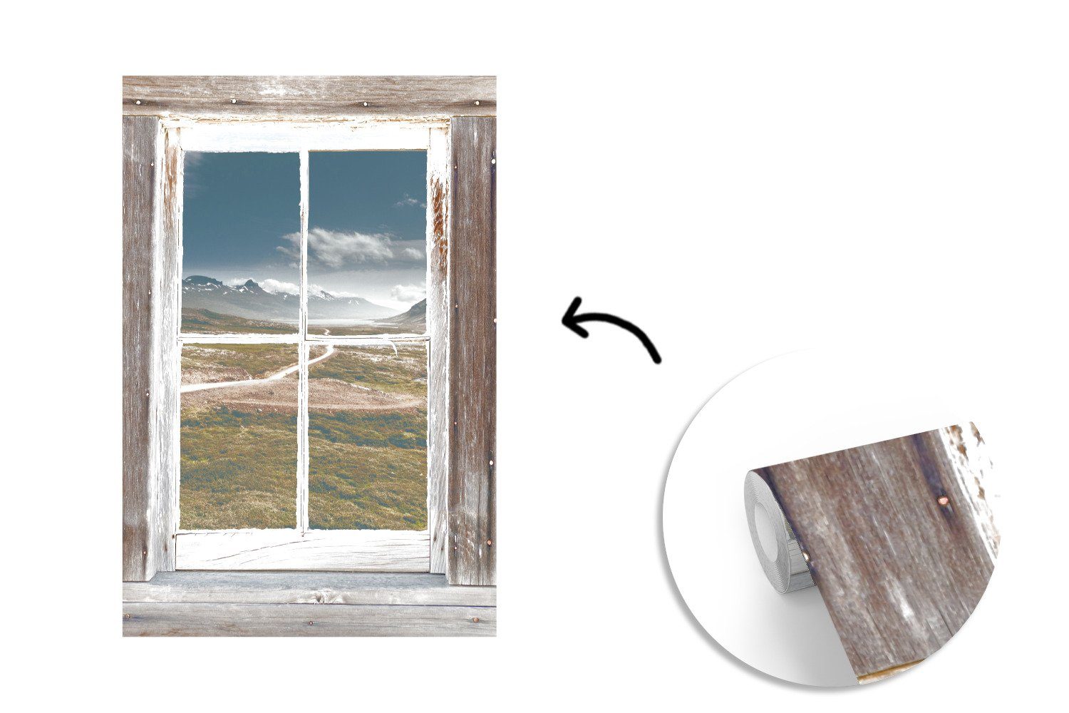Montagefertig Holz, St), Berg für Aussicht Vinyl Wandtapete - Wohnzimmer, Tapete - bedruckt, MuchoWow Matt, Fototapete (3