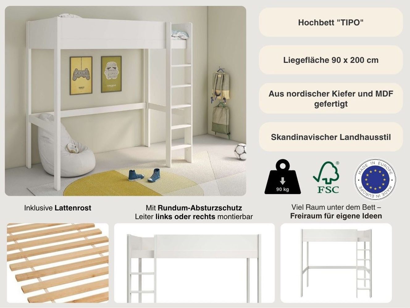 Lüttenhütt TIPO loft bed, top seller, children's bed, ladder can be mounted on the left or right (W/H/D 200x190x90cm) FSC® certified solid wood, all-around fall protection