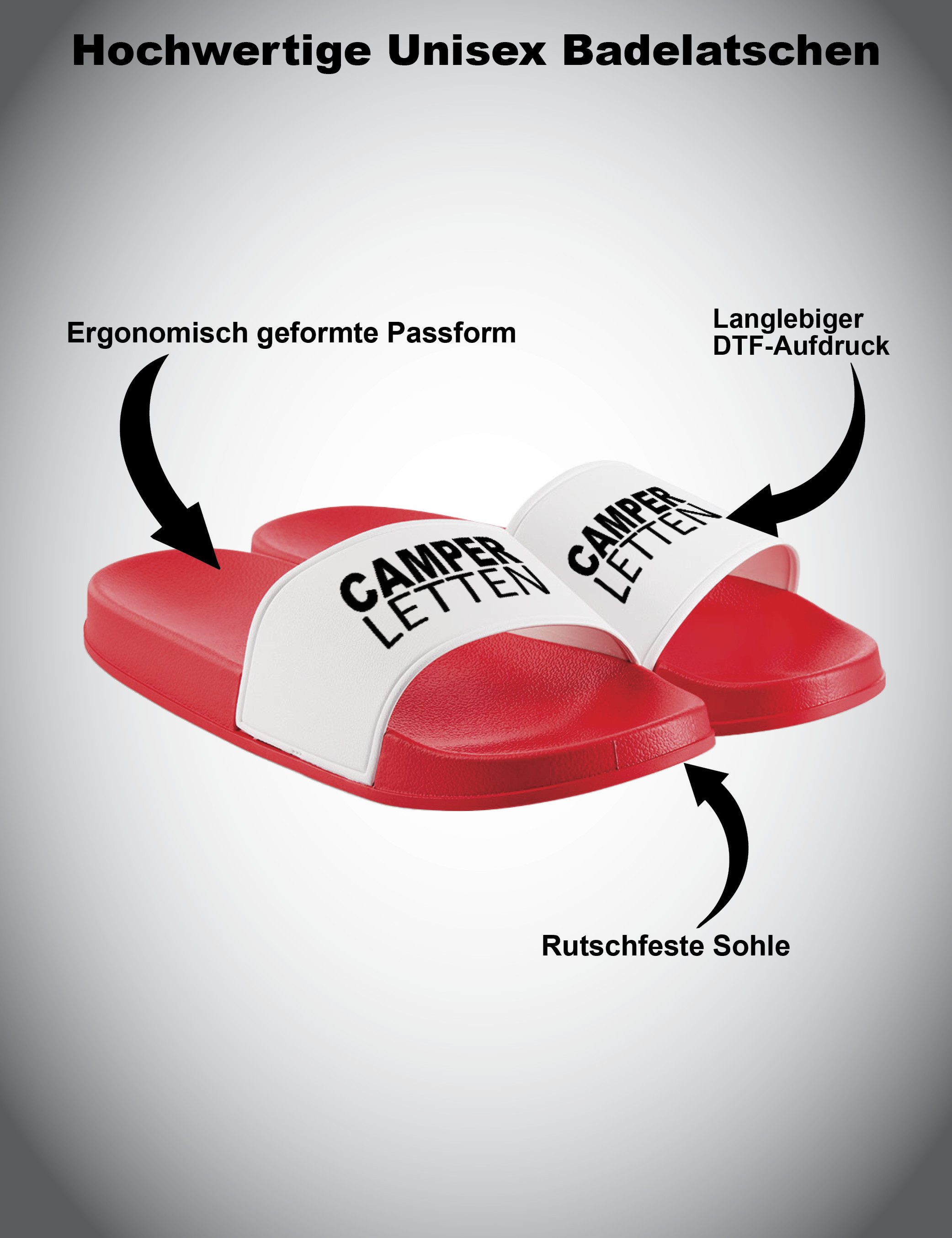 Youth Designz Herren Damen Badelatschen "Camper Letten" Print lustig Geschenk Unisex Badeschuh mit witzigen und stylischen Aufdruck für Männer und Frauen