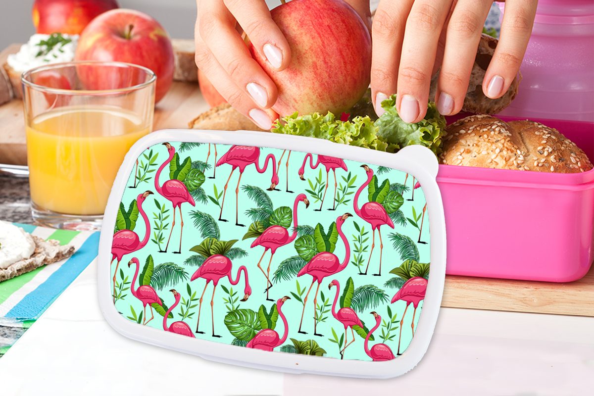 MuchoWow Kunststoff, Mädchen, Kunststoff Muster, für Brotdose Lunchbox Kinder, - (2-tlg), Snackbox, Dschungel Flamingo Tiere - - rosa Erwachsene, Brotbox
