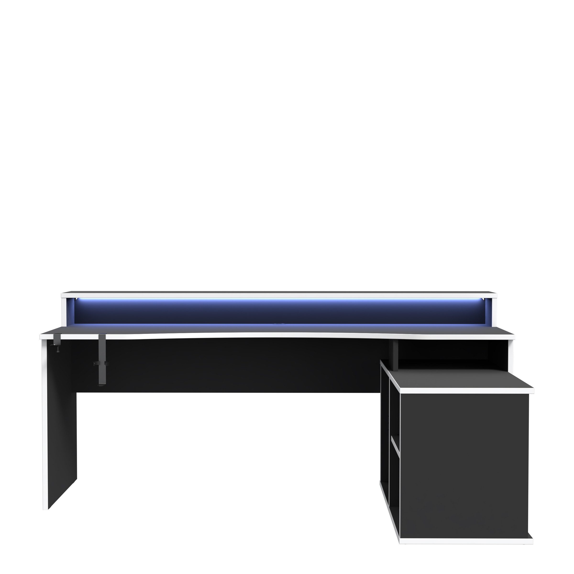 freiraum Eckschreibtisch TEZAUR, LED-Beleuchtung, Ablage, Weiss / Schwarz - 200x91,1x125,4cm (BxHxT)