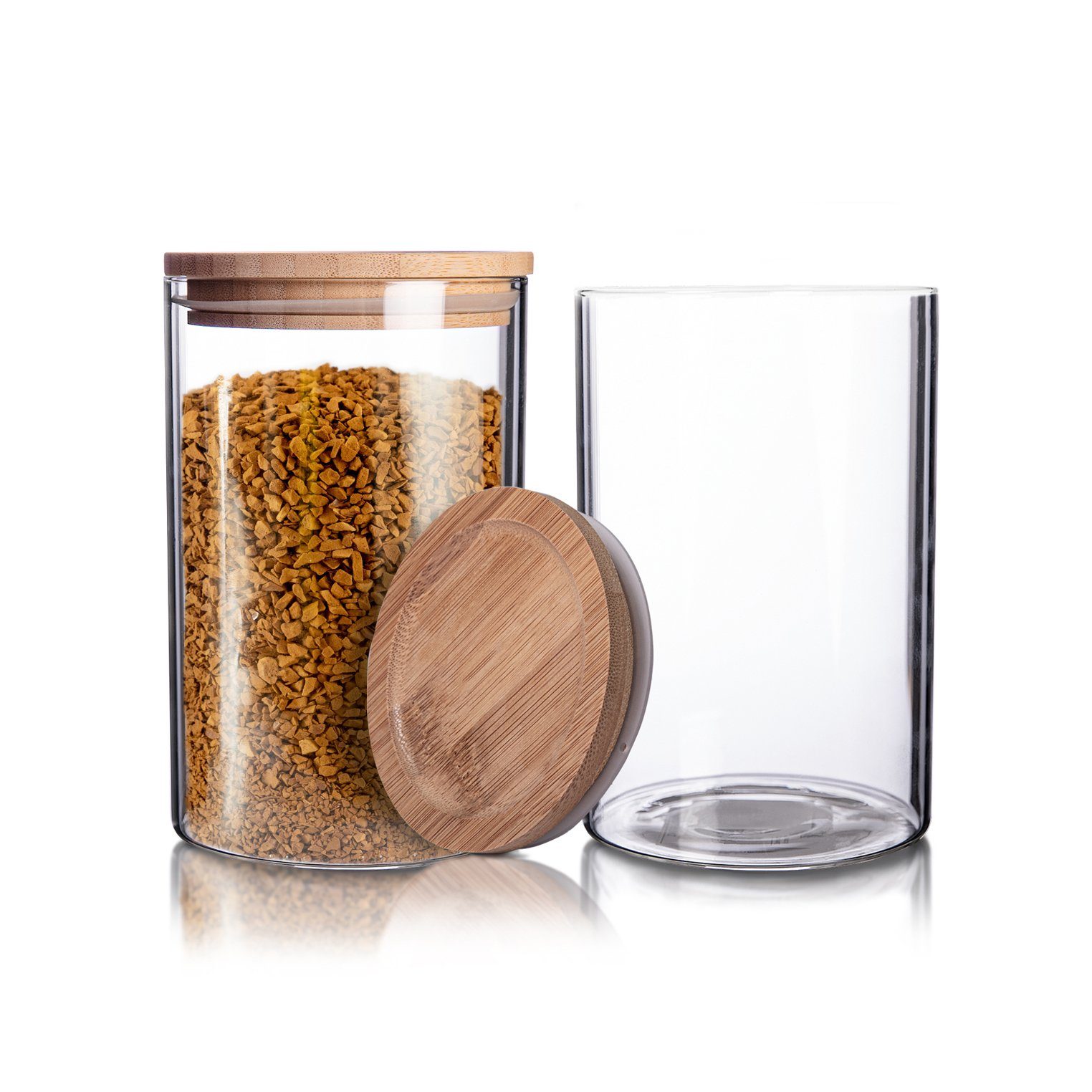 BigDean Vorratsdose 2x Vorratsglas 1,1L Bambus, Müsl, Bambus-Deckel (2-tlg) Glas. Vorratsgläser 10x17,5cm Pasta