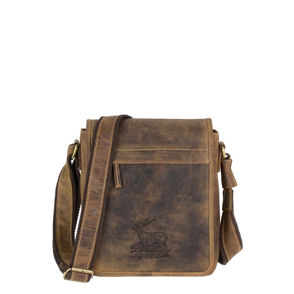 Greenburry Umhangetasche Vintage Hunting Schultertasche Messenger Bag 24cm Hirsch Pragung 1 Hauptfach mit ReiBverschluss A5 Format passt