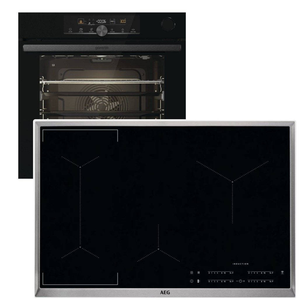 GORENJE Backofen-Set Backofen SteamAssist AirFry + AEG 80cm Induktionskochfeld Bridge Boost, mit Nein, Aqua Clean