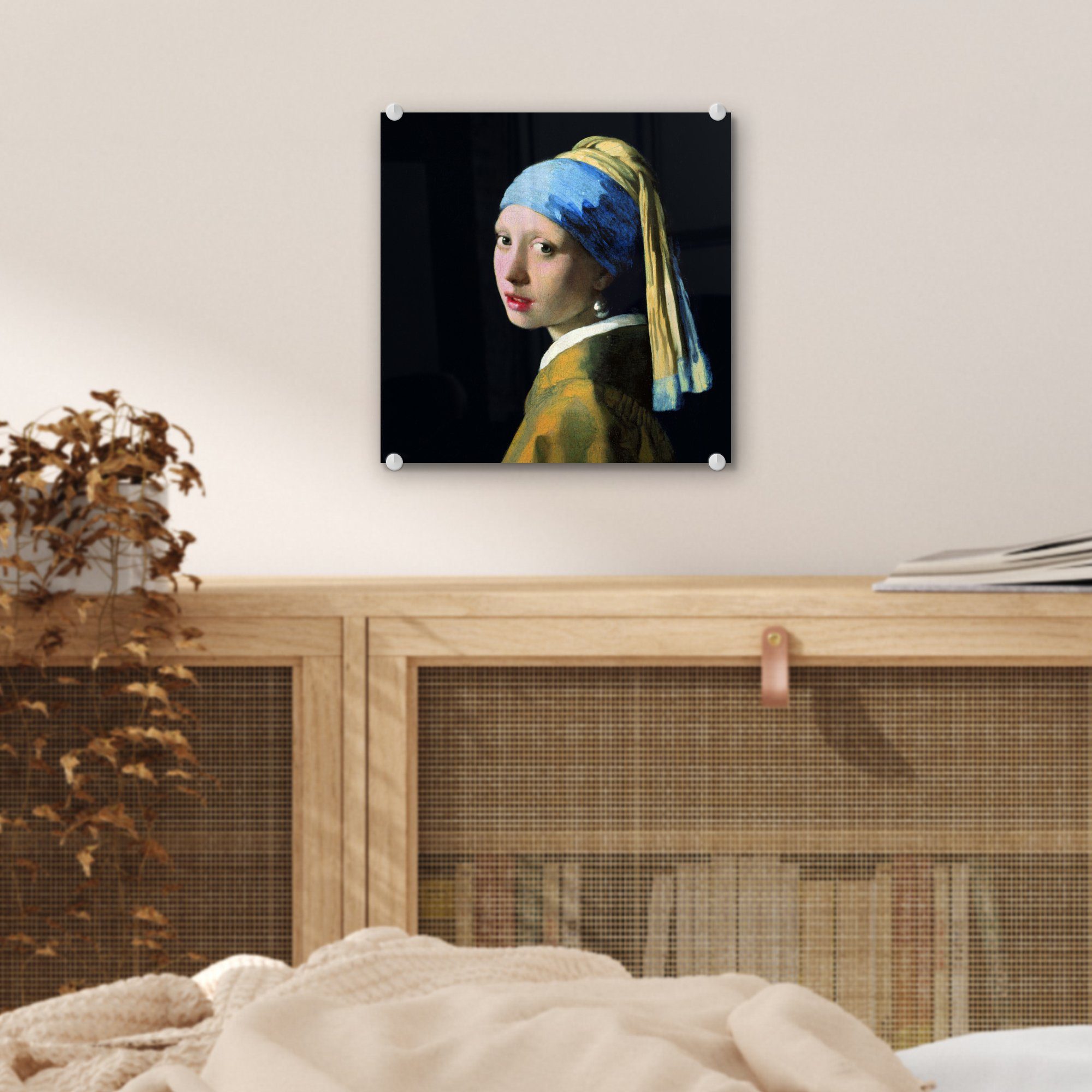 dem (1 Glas Glas MuchoWow bunt Mädchen mit Foto Das - Vermeer, auf - St), Bilder auf - Glasbilder - Wanddekoration Acrylglasbild Wandbild Perlenohrring Johannes