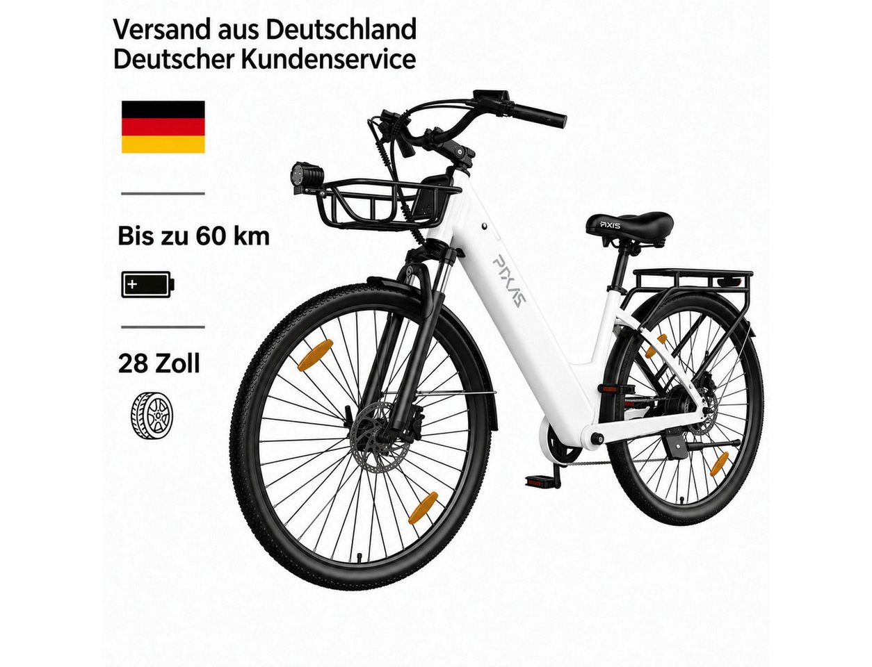PIXAR E-Bike Pedelec 28 Zoll Citybike 36V 13Ah Akku 250W Motor bis 25 kmh Shimano, 7 Gang, Heckmotor, 468 Wh