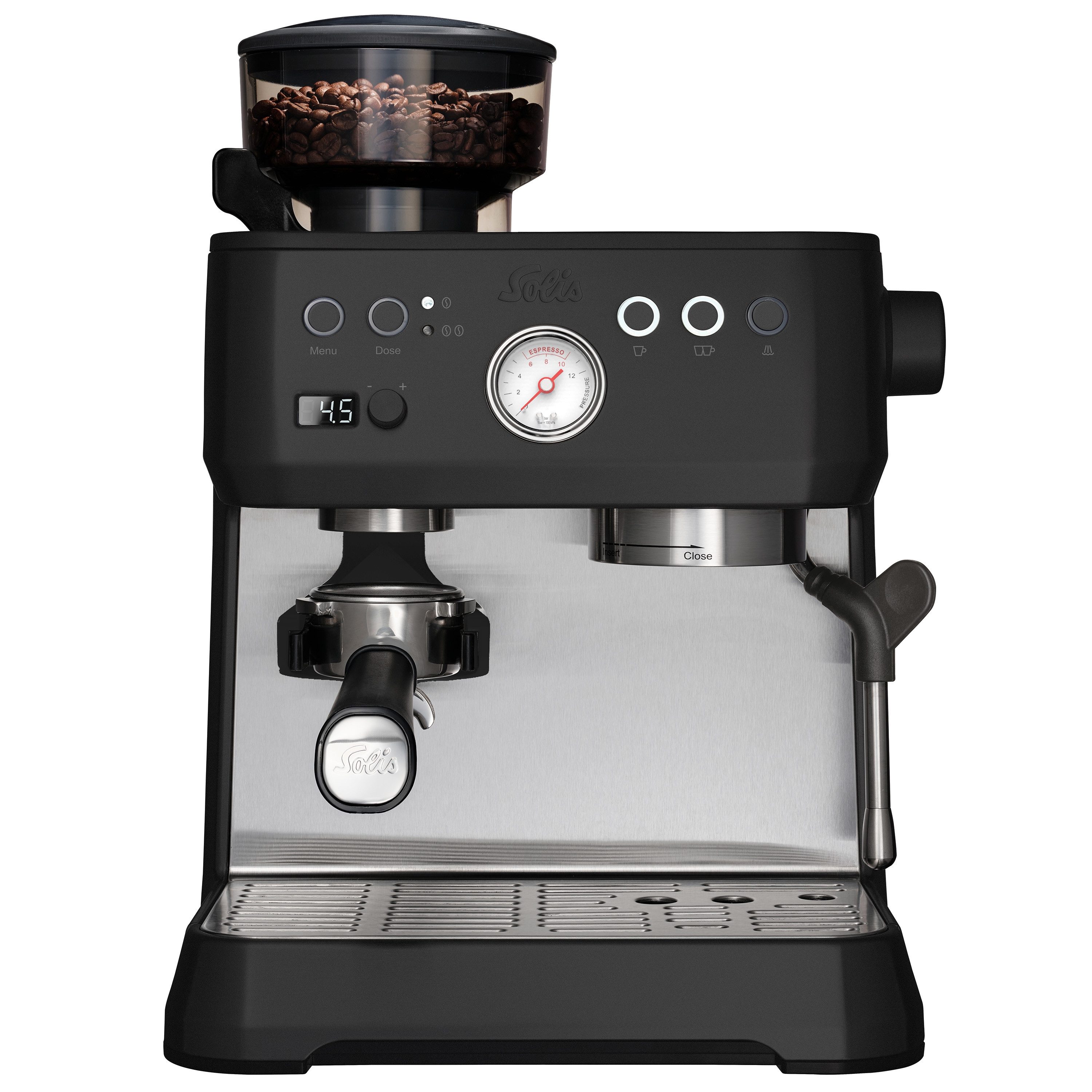 SOLIS OF SWITZERLAND Siebträgermaschine Crema Bar Schwarz, Typ 1009, Siebträger 54 mm, PID-Thermoblock, Manometer, 250-g-Bohnenbehälter