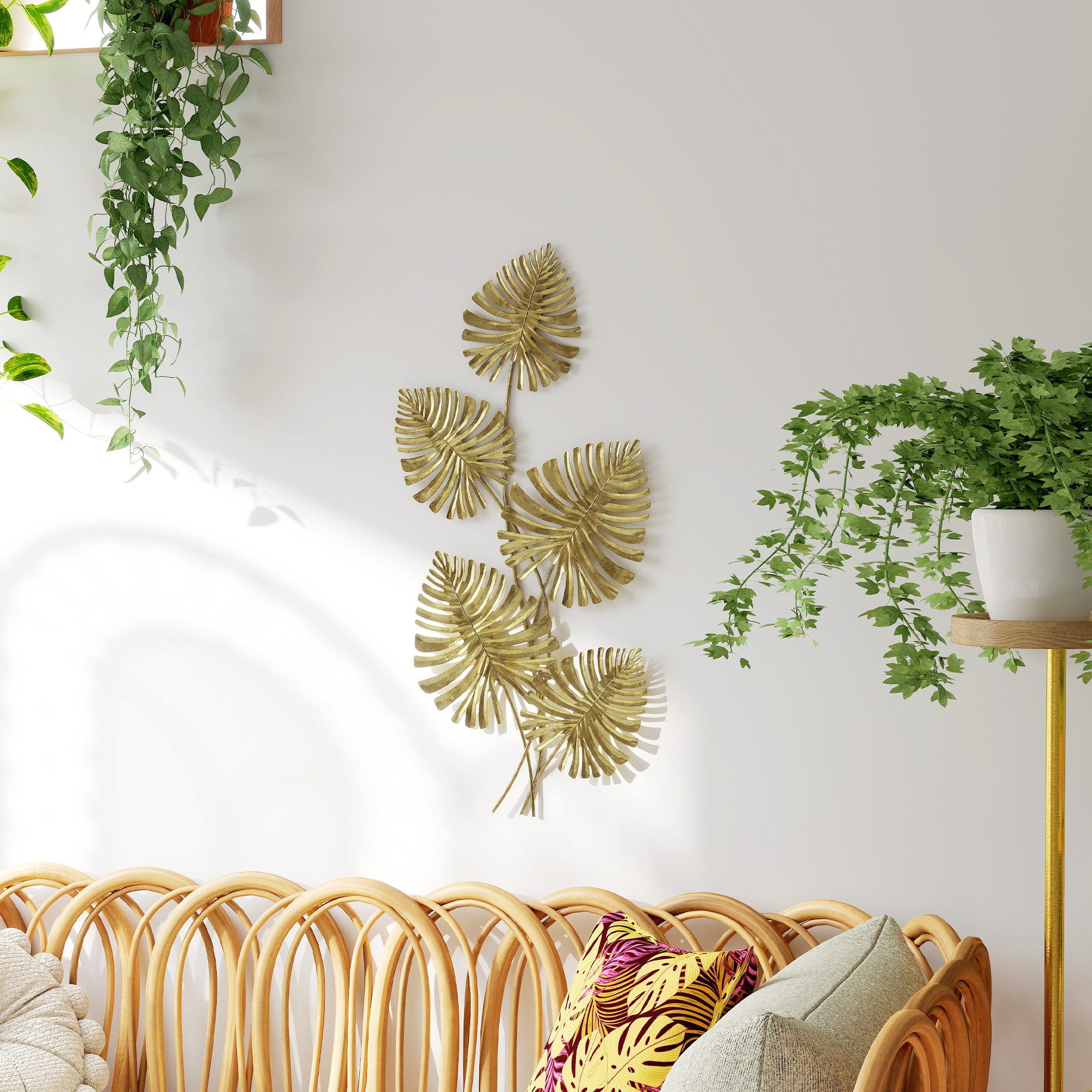 HOMCOM Wandbild Wanddeko Metallbild Wandskulptur mit handaufgetragener Folie, Monstera-Blätter (Wandskulptur, 1 St), für Schlafzimmer