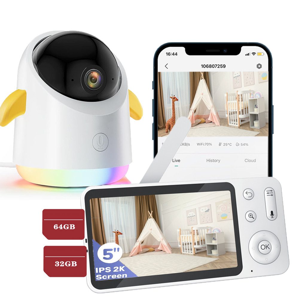 Babyphone 2K/5,0 Zoll WLAN Babyphone mit Kamera und App IR/RBG Nachtsicht