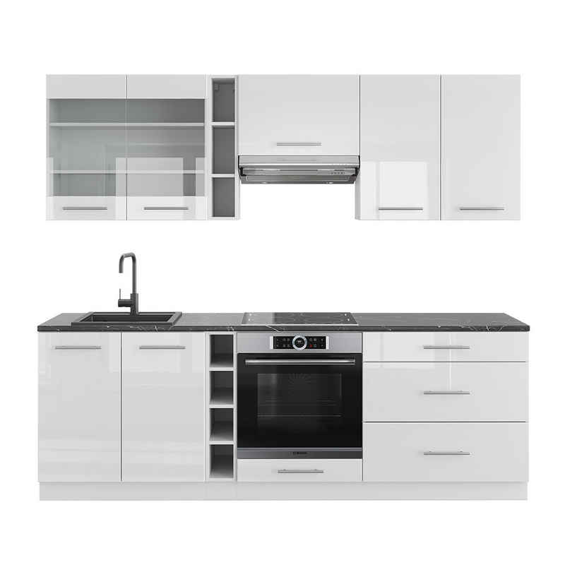 Livinity® Küchenzeile Fame-Line, Weiß Hochglanz/Weiß, 235 cm, AP Anthrazit
