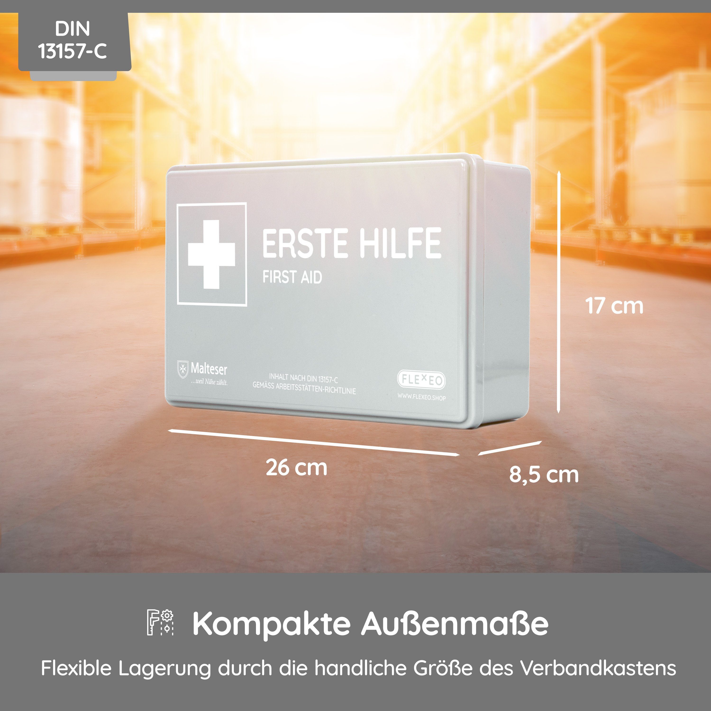 FLEXEO Erste-Hilfe-Koffer DIN 13157, (1 St), Betriebsverbandkasten inkl. Wandhalterung, grau