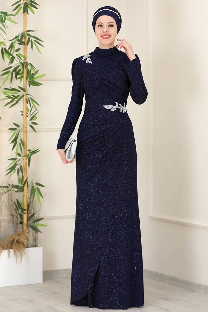 Modavitrini Maxikleid Damen Abendkleid Abaya Abiye Hijab Kleider langärmliges Maxikleid Glitzer Stoff Navy blau