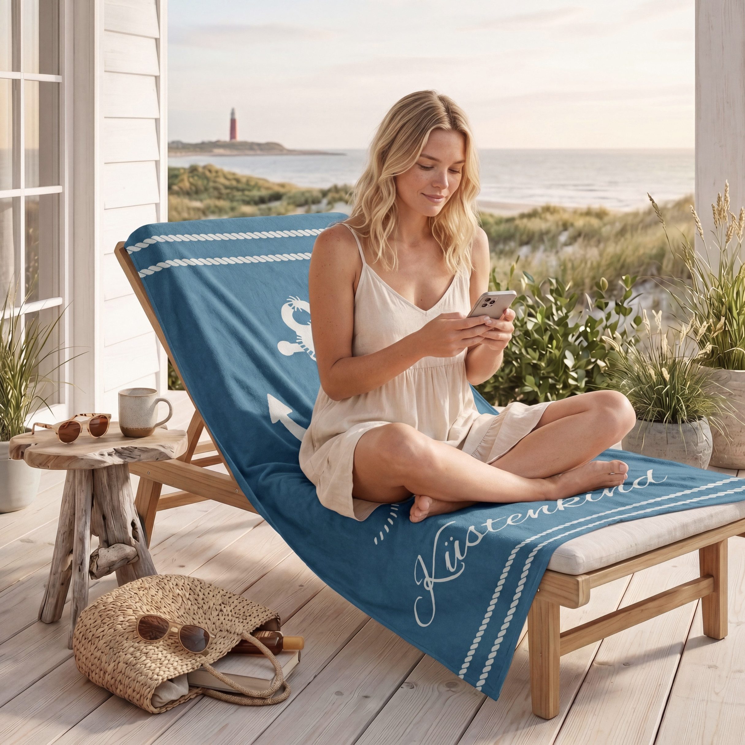 MTOnlinehandel Badetuch Küstenkind Strandtuch / Strandlaken 90x180 cm, 100%, Baumwolle (1-St), maritimes Design mit Anker, hochwertig, weich und flauschig
