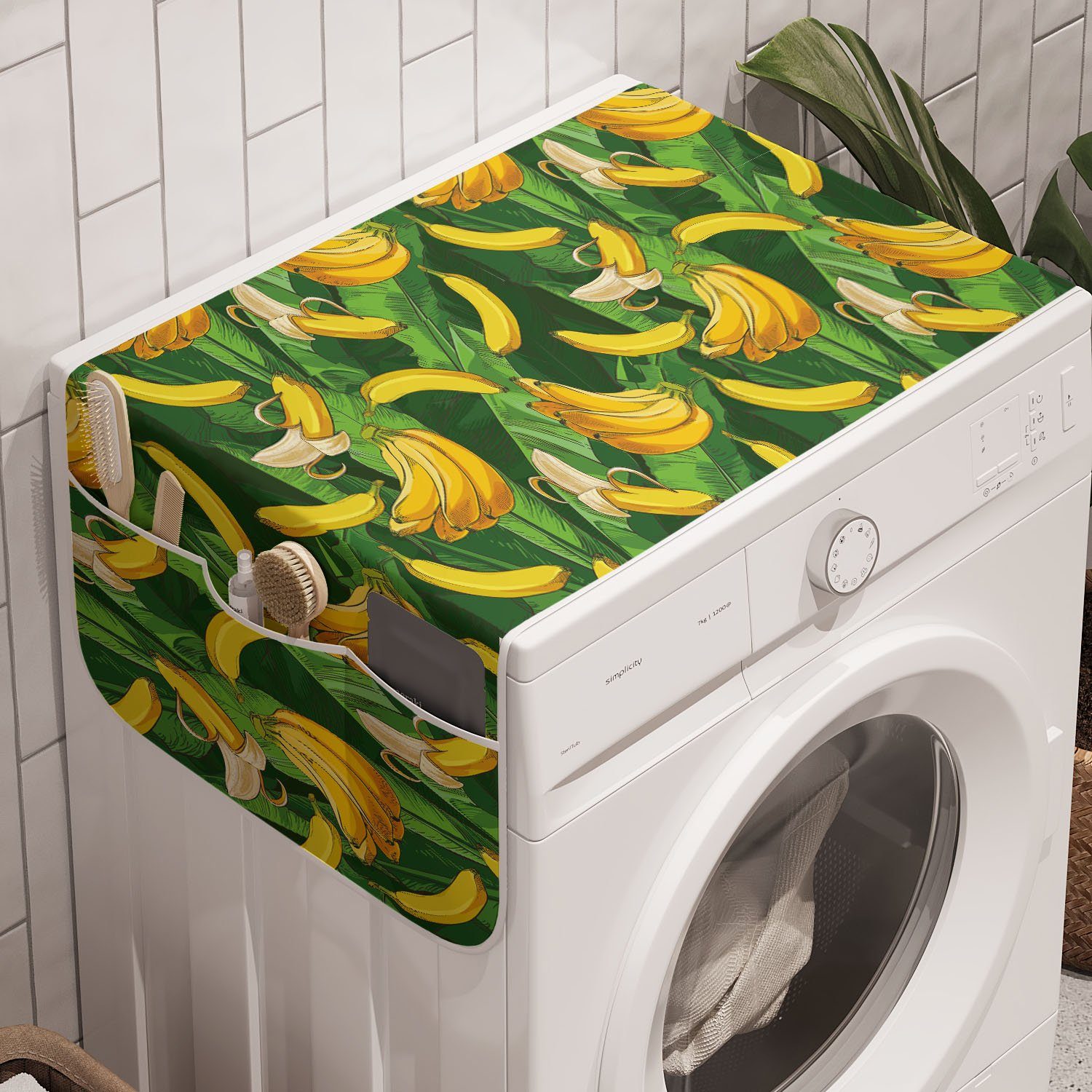 Waschmaschine Badorganizer und Trockner, Bananen-Frucht-Palmblätter Exotisch Anti-Rutsch-Stoffabdeckung Abakuhaus für