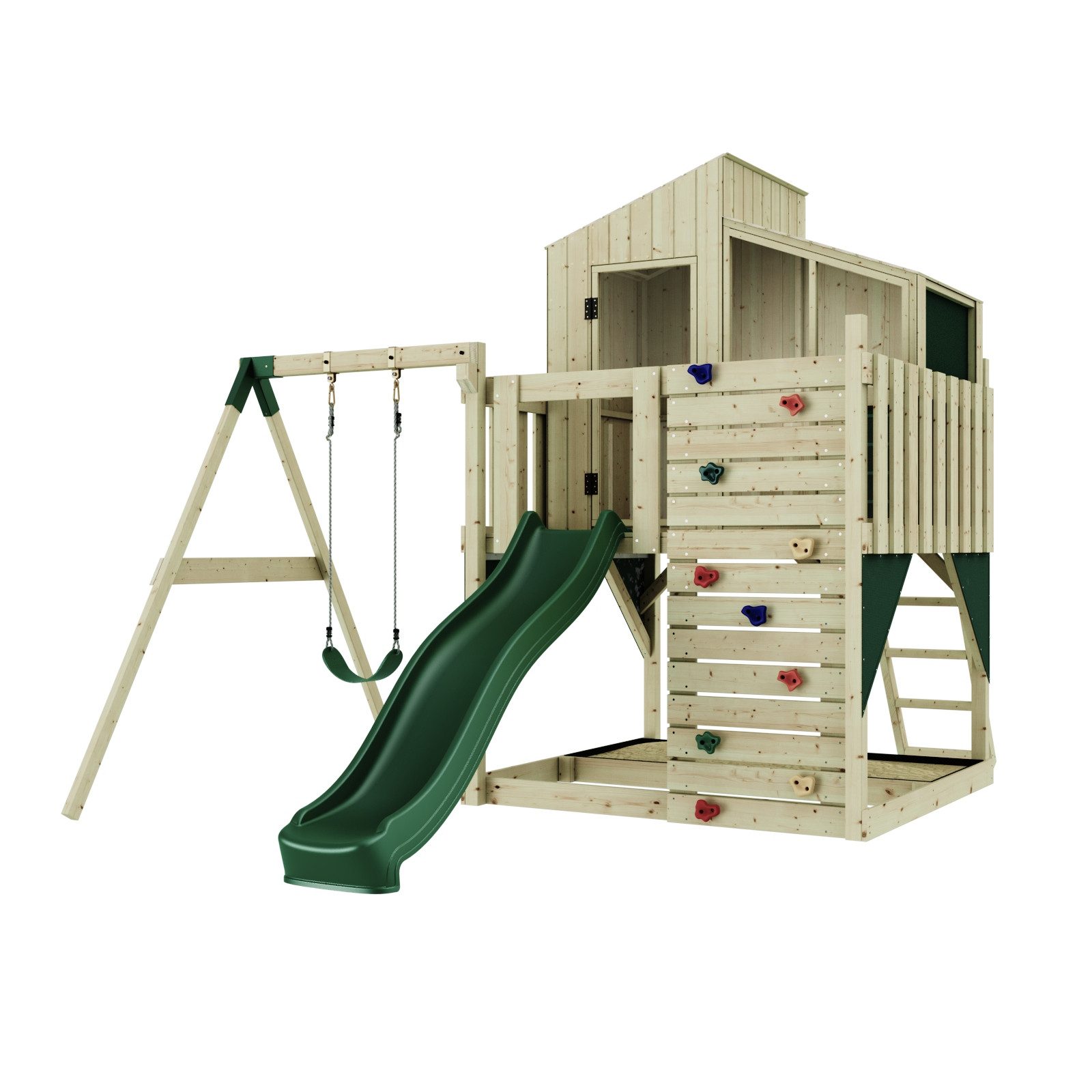 OutdoorToys Spielturm Lotta aus Holz in Dunkelgrün mit Kinderschaukel & Rutsche, aus Holz in Dunkelgrün mit Kinderschaukel & Rutsche, Kletterwand