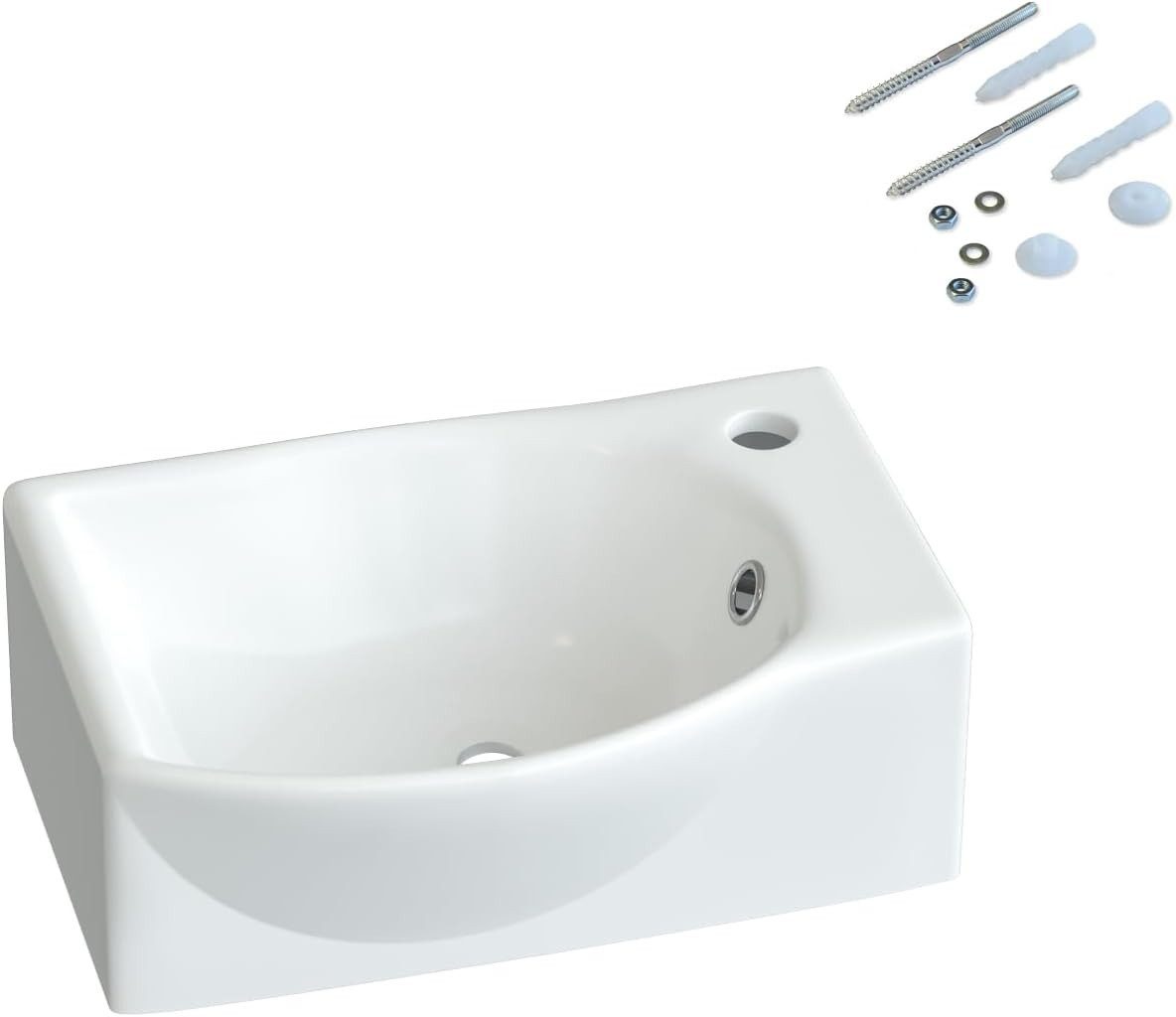 AQUALAVOS Waschbecken Keramik Hängewaschbecken Weiß Klein Eckig-Oval Hahnloch Überlauf, 40,5x28x12cm Platzsparend: Gäste-WC Kleinbäder Renovierung Objektbau