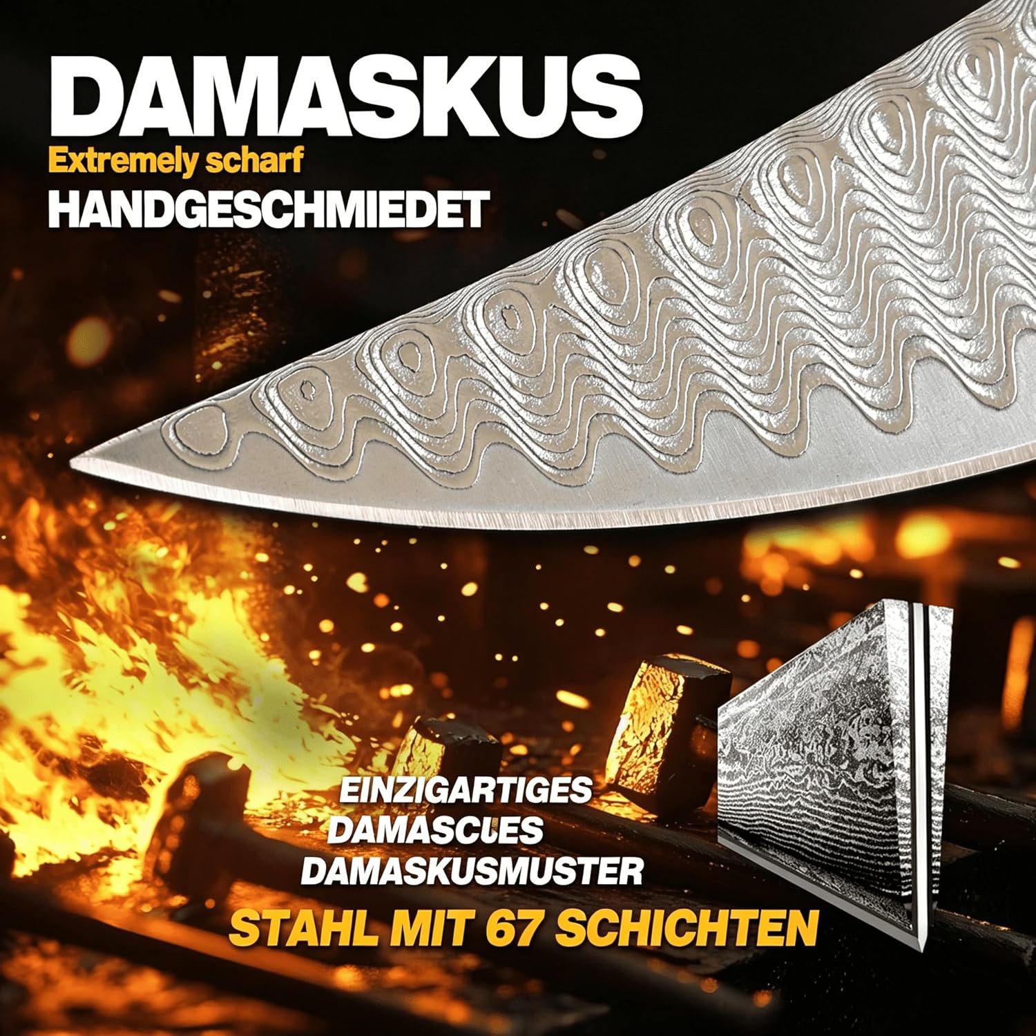 KingLux Damastmesser Damaststahl Feststehend Jagdmesser Outdoormesser Mit Lederscheide