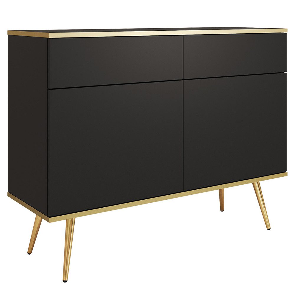 Lomadox Wohnzimmer-Set OLOVO-160, (Mega-Spar-Set, 2-St., Schminktisch), Schwarz, goldene Highlights, Push-to-open, Metallbeine goldfarben