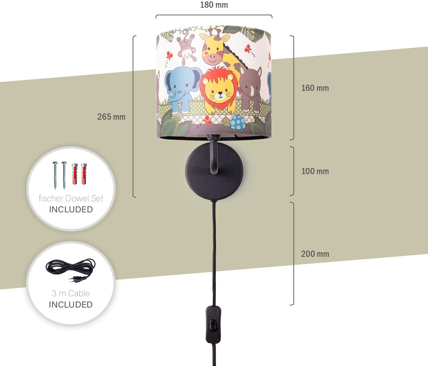 Kabellänge Tiere Zoo 3m Mit Wandleuchte fest âˆ…18cm Home Paco LED 634, Kinderlampe Diamond E14 integriert, Innen