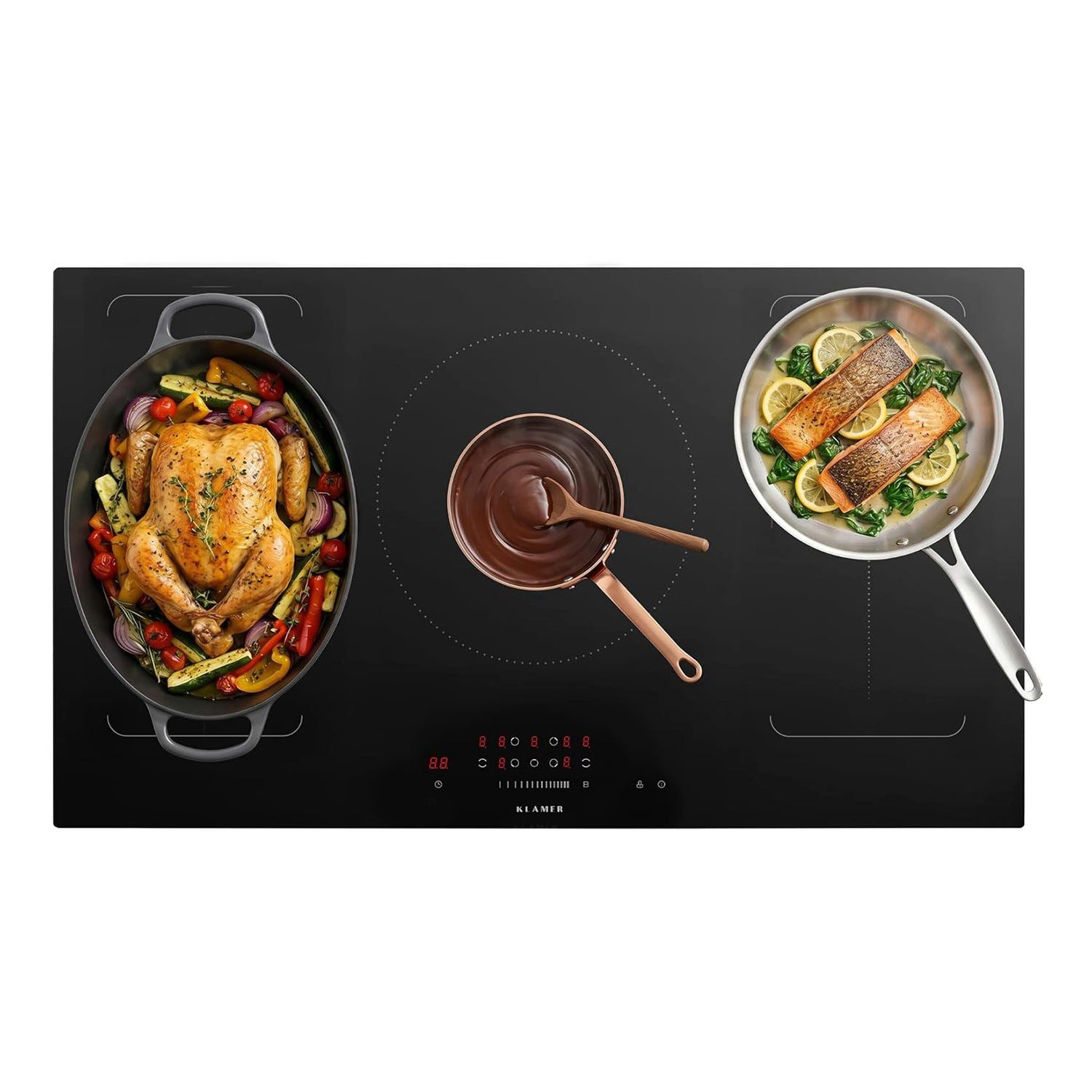 KLAMER Flex-Induktions-Kochfeld 90 cm, 4 Zonen mit 2 Flexzonen & Rundzone, 9400 Watt, Boost Funktion, 9 Leistungsstufen, Timer 99 min, Kindersicherung, Kratzfeste Glasoberfläche, Flexzone-Funktion, Sicherheitsfeatures, Leistungsstarke Technologie