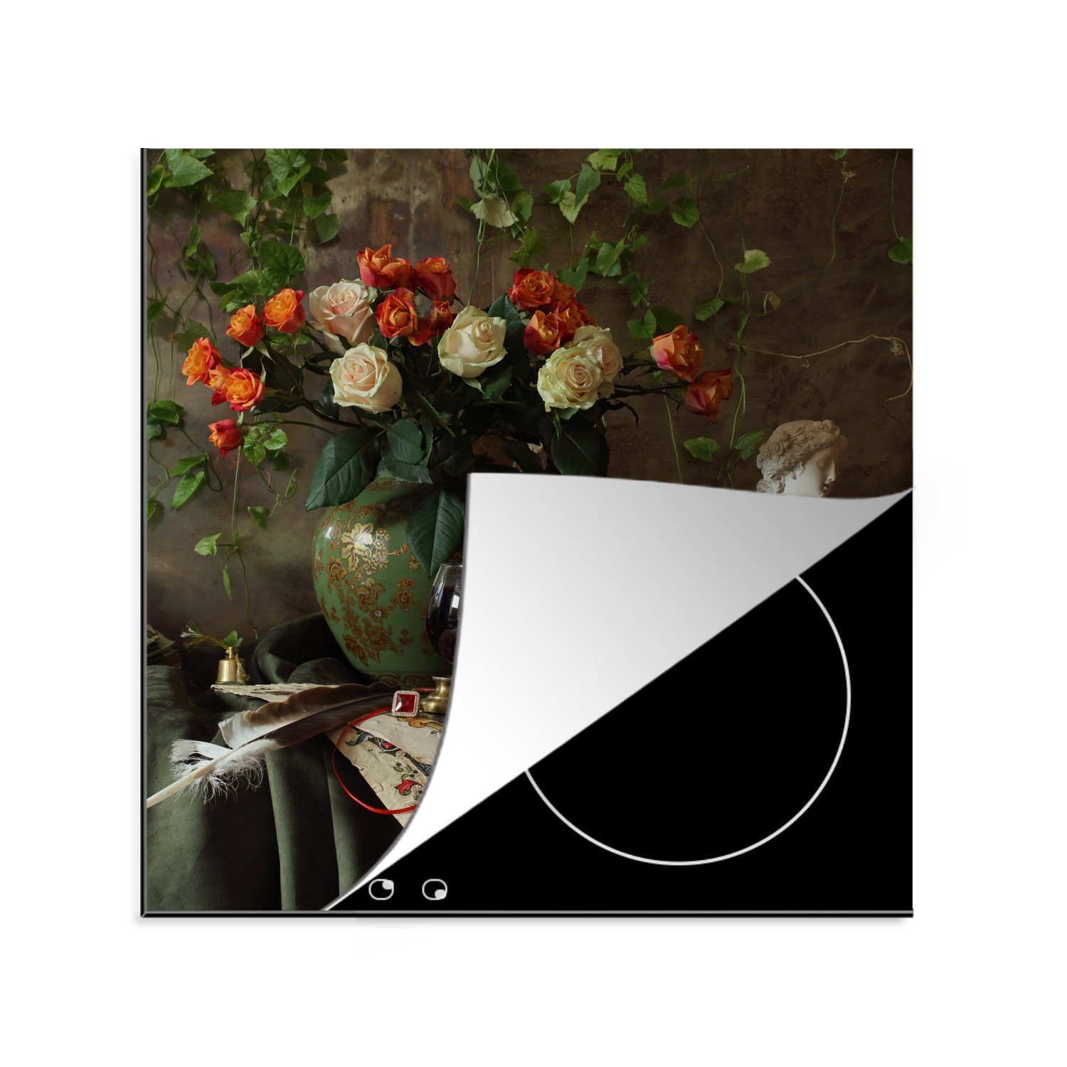 MuchoWow Herdblende-/Abdeckplatte Stilleben - Rosen - Geige, Vinyl, (1 tlg), 78x78 cm, Ceranfeldabdeckung, Arbeitsplatte für küche