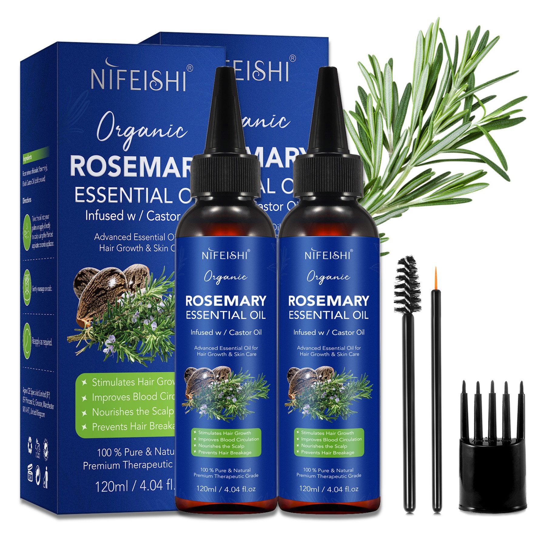P-Beauty Cosmetic Accessories Haaröl Rosmarinöl Rizinusöl Haarwachstum Kopfhaut Haarpflege Hautpflege, 2-tlg., 100% natürliche Inhaltsstoffe, Alkoholfrei, Ammoniakfrei