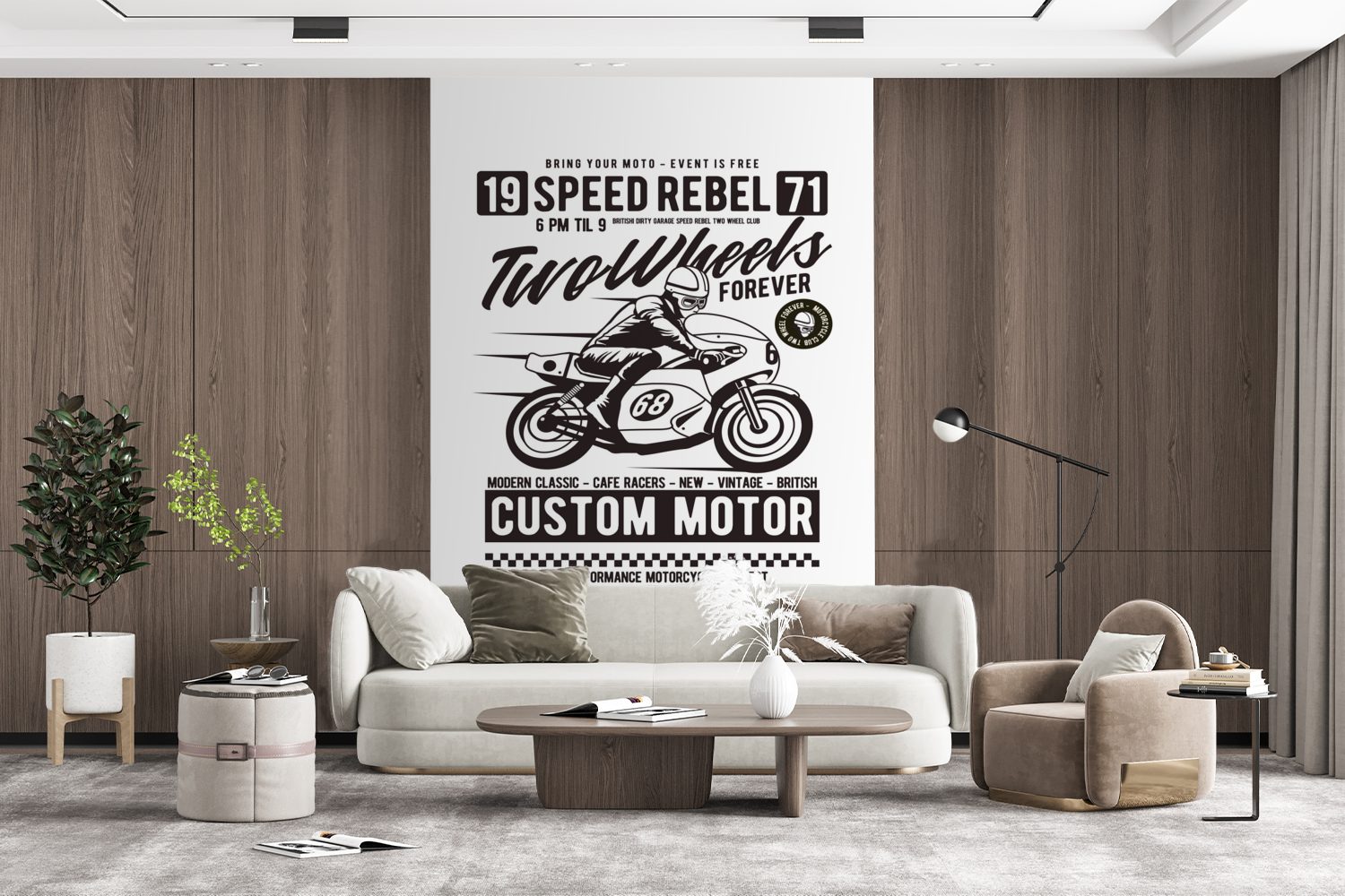 - (3 MuchoWow Wandtapete Motorrad Wohnzimmer, - Vintage Mann Tapete Matt, Fototapete für Zeichnung, St), - bedruckt, Vinyl Montagefertig