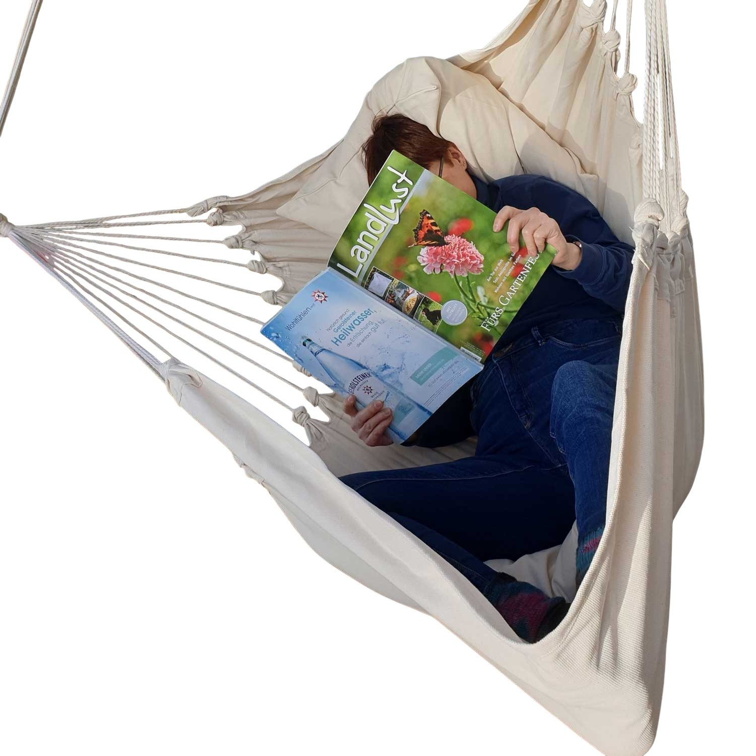 HOPLO Hängestuhl Gepolsterter Підвісні стільці Hängestuhl Natur XXXL Baumwolle 2 Kissen, Hergestellt unter fairen Bedingungen!