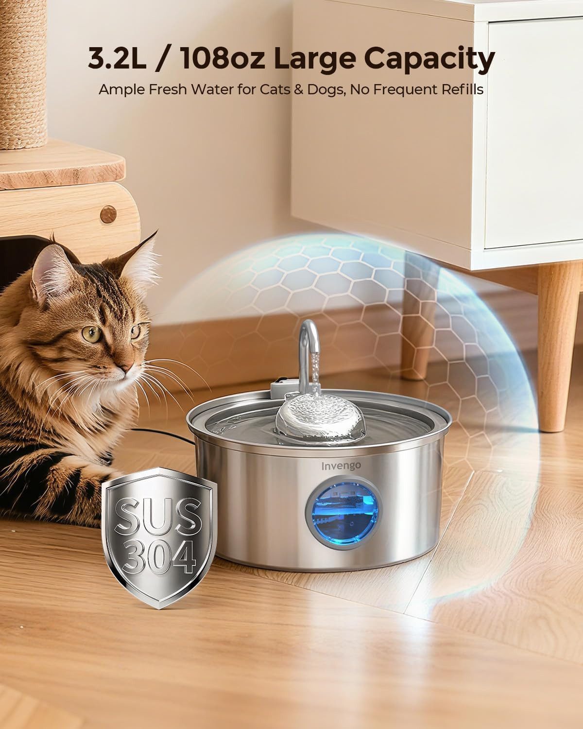 Invengo Trinkbrunnen Trinkbrunnen Katzenbrunnen Edelstahl 3,2L mit Filter Pumpe 3,2 l, Wasserstandsanzeige Edelstahlgehäuse leise Pumpe Filtersystem