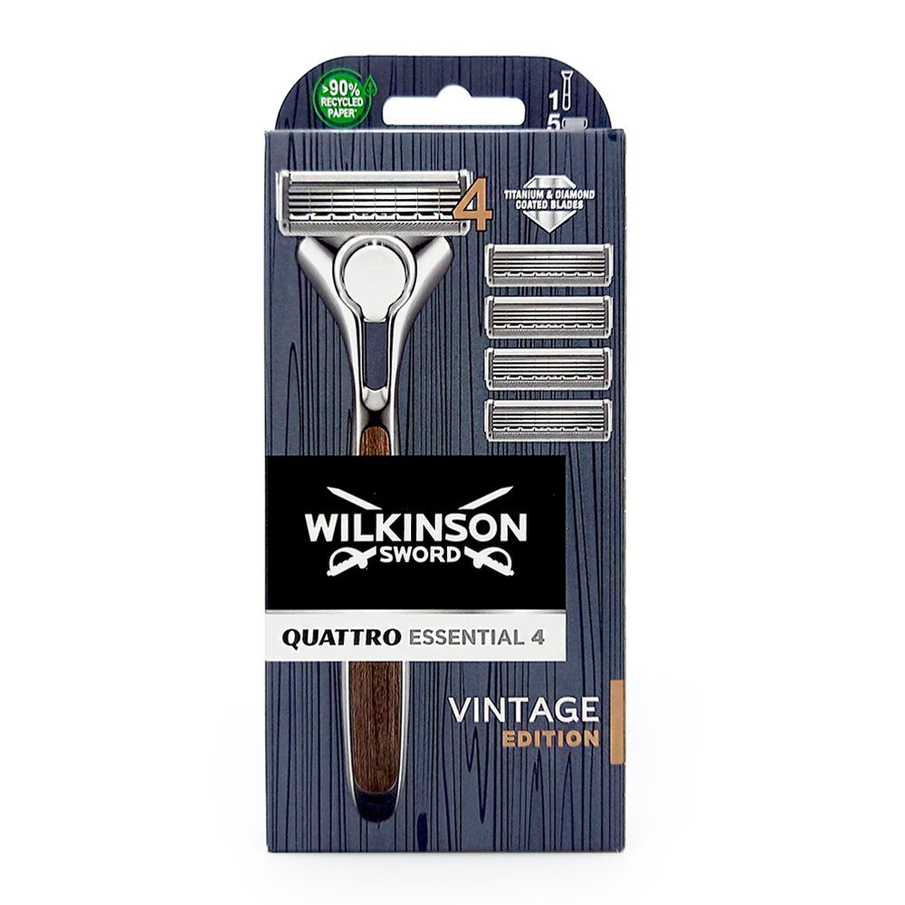 Wilkinson Nassrasierer Quattro Essential 4 Vintage mit 4 Ersatzklingen, Spar-Set, edler Griff in Vintage Design Holzoptik