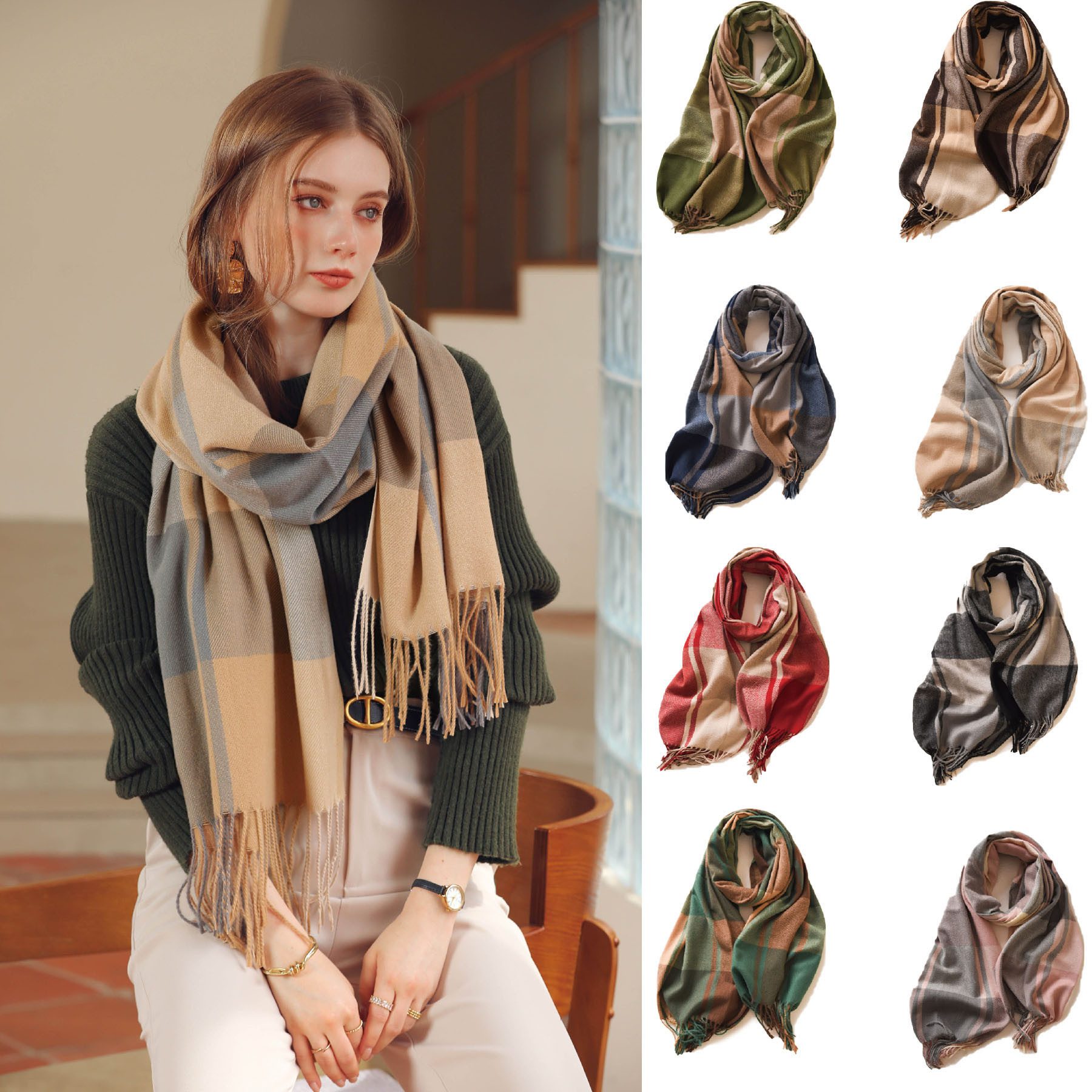 Mutig Wollschal Damen Winter Senior Plaid Kaschmir Schal,übergroßer185*65cm Schal, (Tartan Schultertuch Mit Quasten,Warmer Oversized Poncho,Mischfarbe, Winter Geschenke für Mama, Freundin oder Schwester,Weihnachtsgeschenk), Aus 100 % Kaschmir-Imitat gefertigt, weich, Elegantes Karomuster