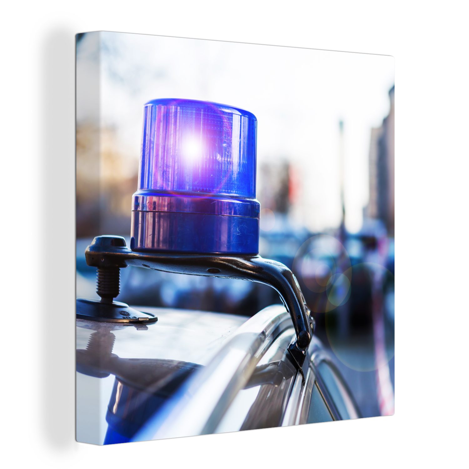 OneMillionCanvasses® Leinwandbild Blinklicht von einem Polizeiauto zu einem Zivilfahrzeug, (1 St), Leinwand Bilder für Wohnzimmer Schlafzimmer