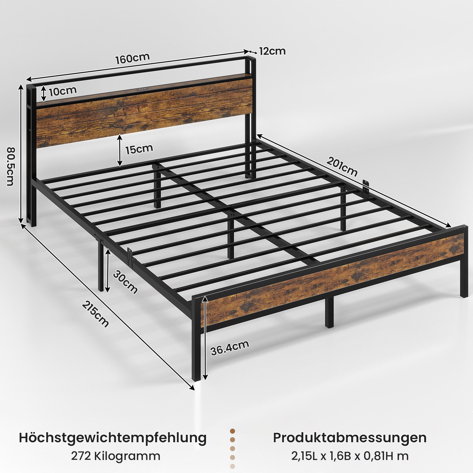 MSMASK Metallbett mit 3 USB-Anschlüssen und günstig online kaufen