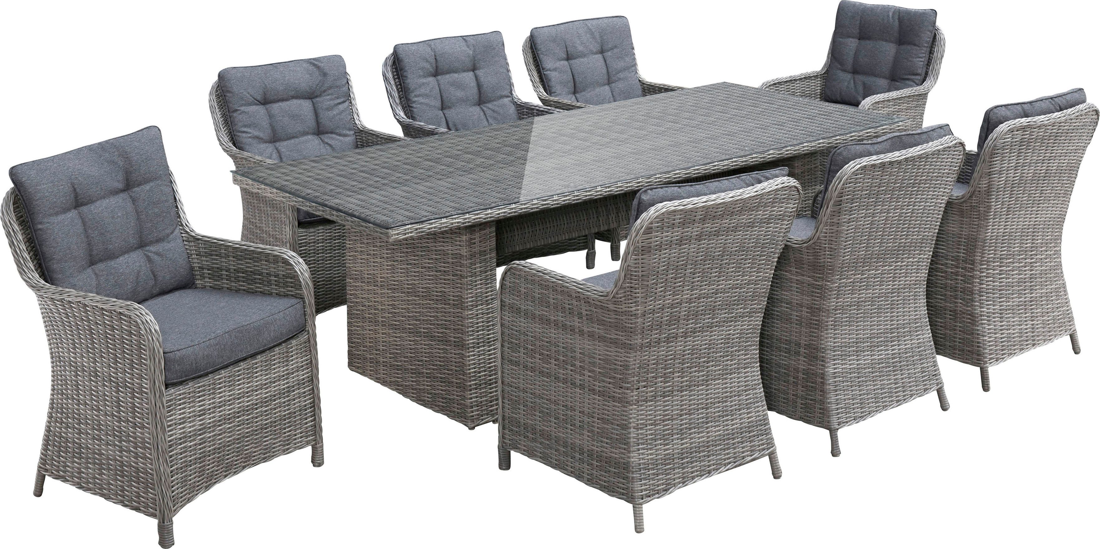 KONIFERA Garten-Essgruppe »Menorca«, (Set, 25-tlg., 8x Sessel, 1x Tisch 230,8x100x75 cm, inkl. Auflagen, Alu, Polyrattan), Polyrattan, Aluminium, Tischplatte aus 5mm starkem Sicherheitsglas
