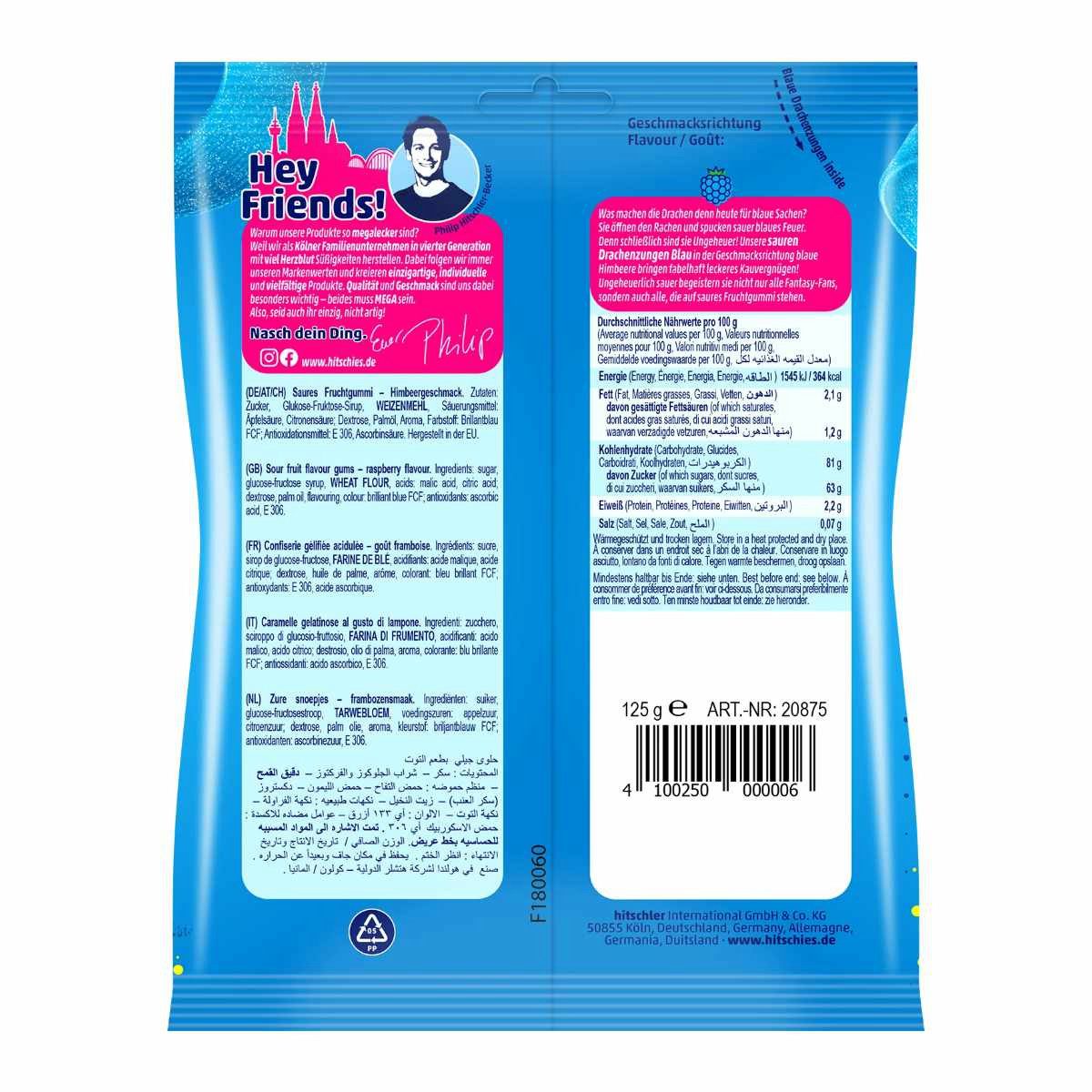 hitschies Süßigkeit, Hitschies Saure Drachenzungen Blau fruchtig saures Fruchtgummi 125g