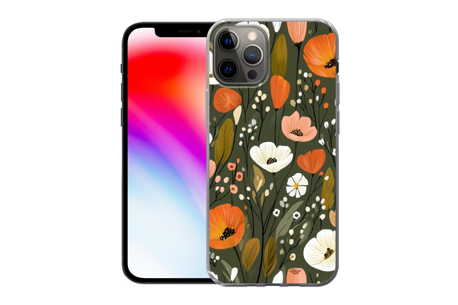 MuchoWow Handyhülle für Apple iPhone 12 Pro Blumen - Illustration - Grün, Smartphone-Bumper, Print, Handy Schutzhülle Dünn