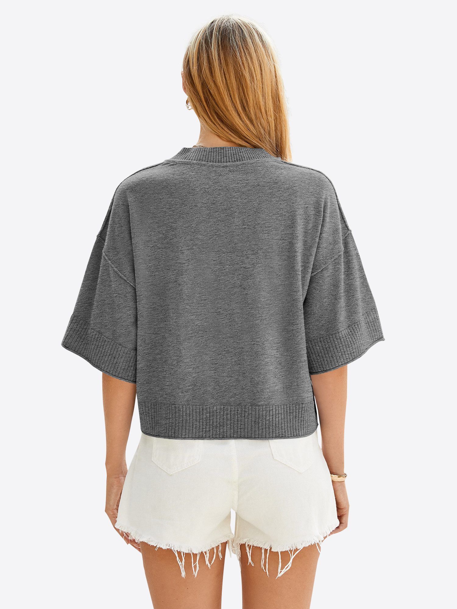 Imily Bela Strickpullover Damen Halbarm Sommer Oversized Cropped Casual Sweater (Packung, 1-tlg., 1per-Pack) in Unifarbe gehäkelt