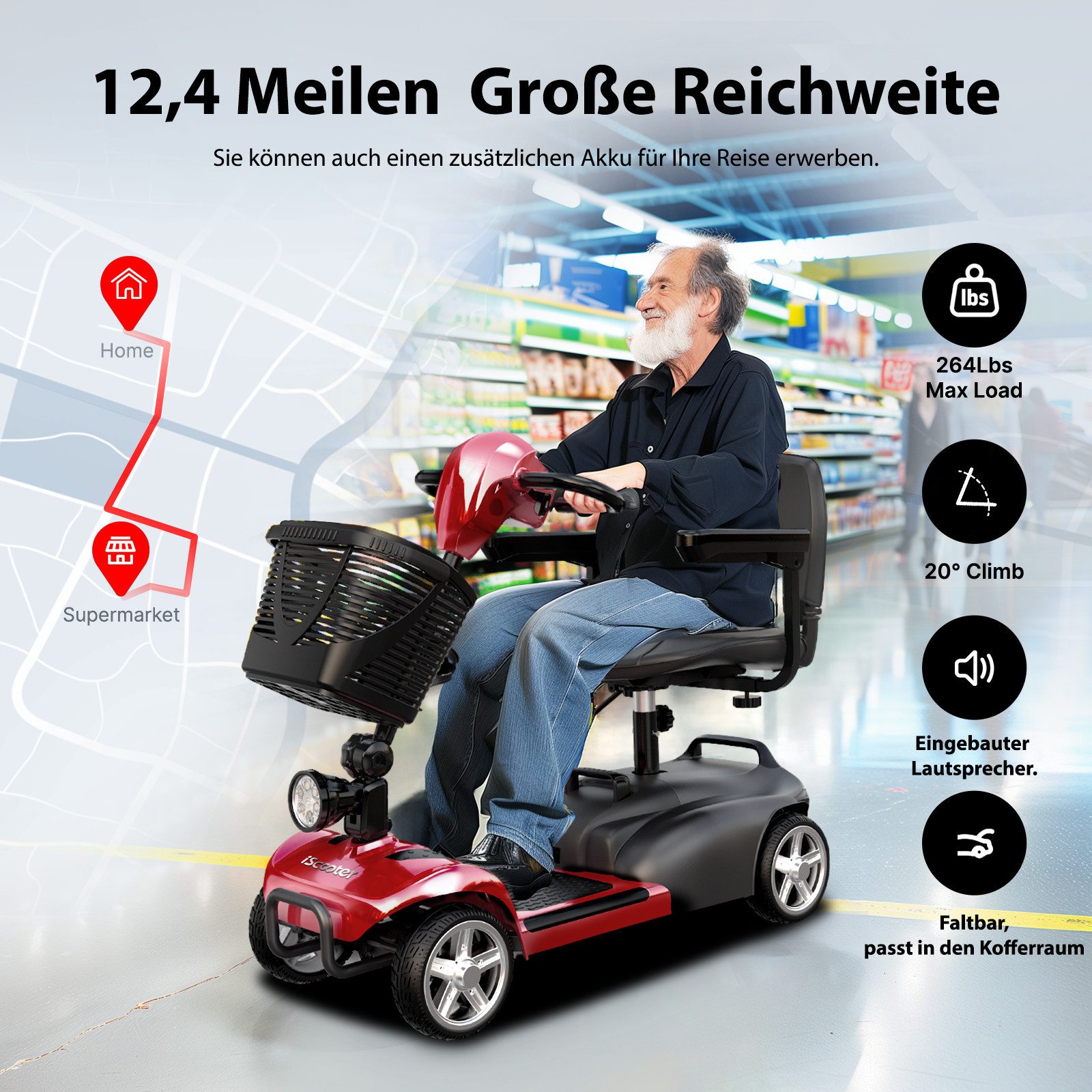 iscooter Elektromobil Seniorenmobil E-Scooter 4-Rad Elektroroller, Seniorenmobil bis 20KM Reichweite