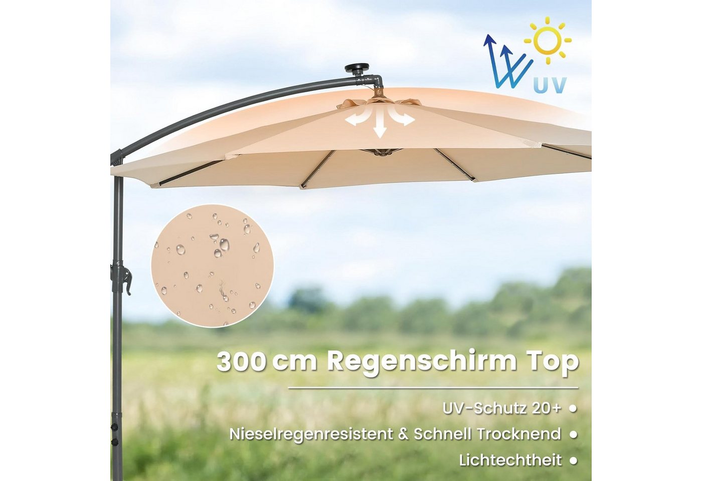 Thumbnail - KOMFOTTEU Sonnenschirm Ø 300 cm, mit UV-Schutz Abdeckung & 32 LED-Solar-Beleuchtung