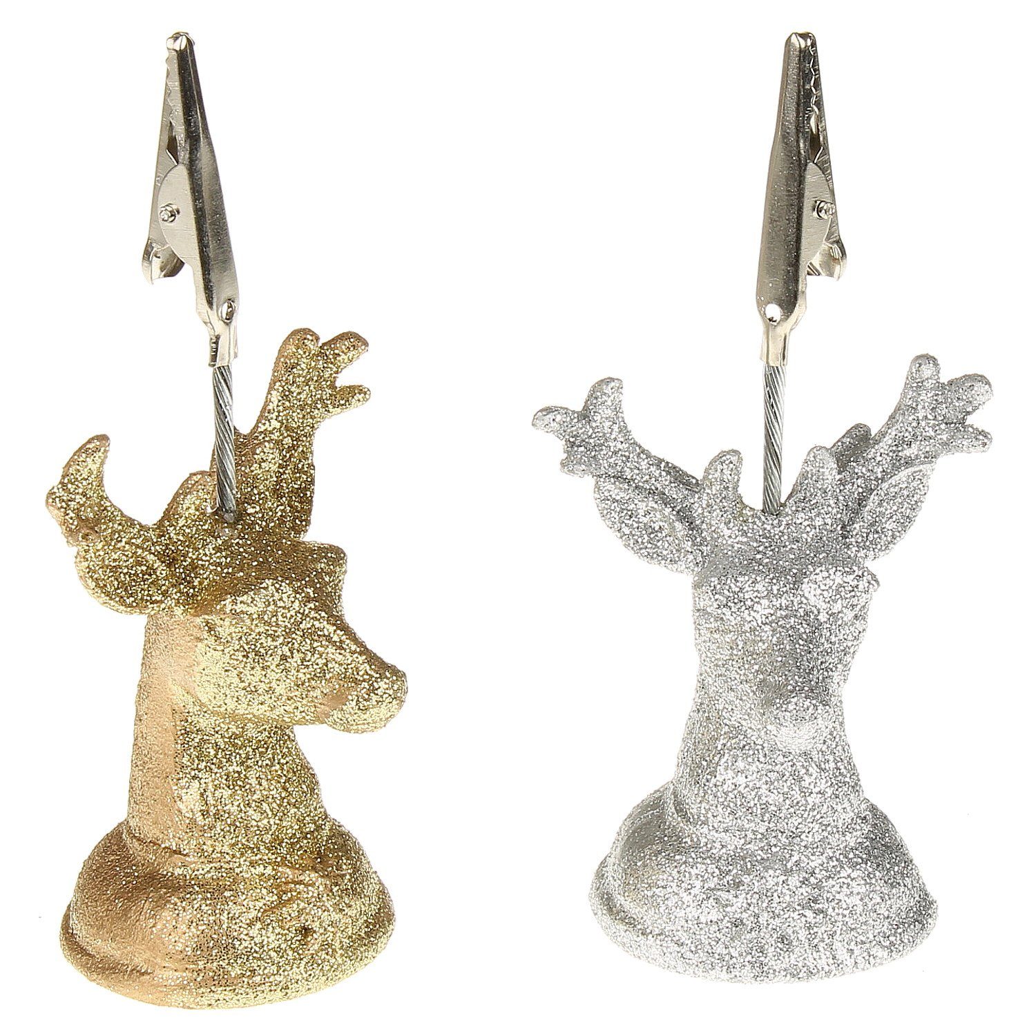 Macosa Home Tischkartenhalter 4er Set Bilderhalter Tischkartenhalter Hirsch Gold Silber Glitzer, (4er Set), Kartenhalter Bildhalter Tischdekoration Weihnachten Nikolaus