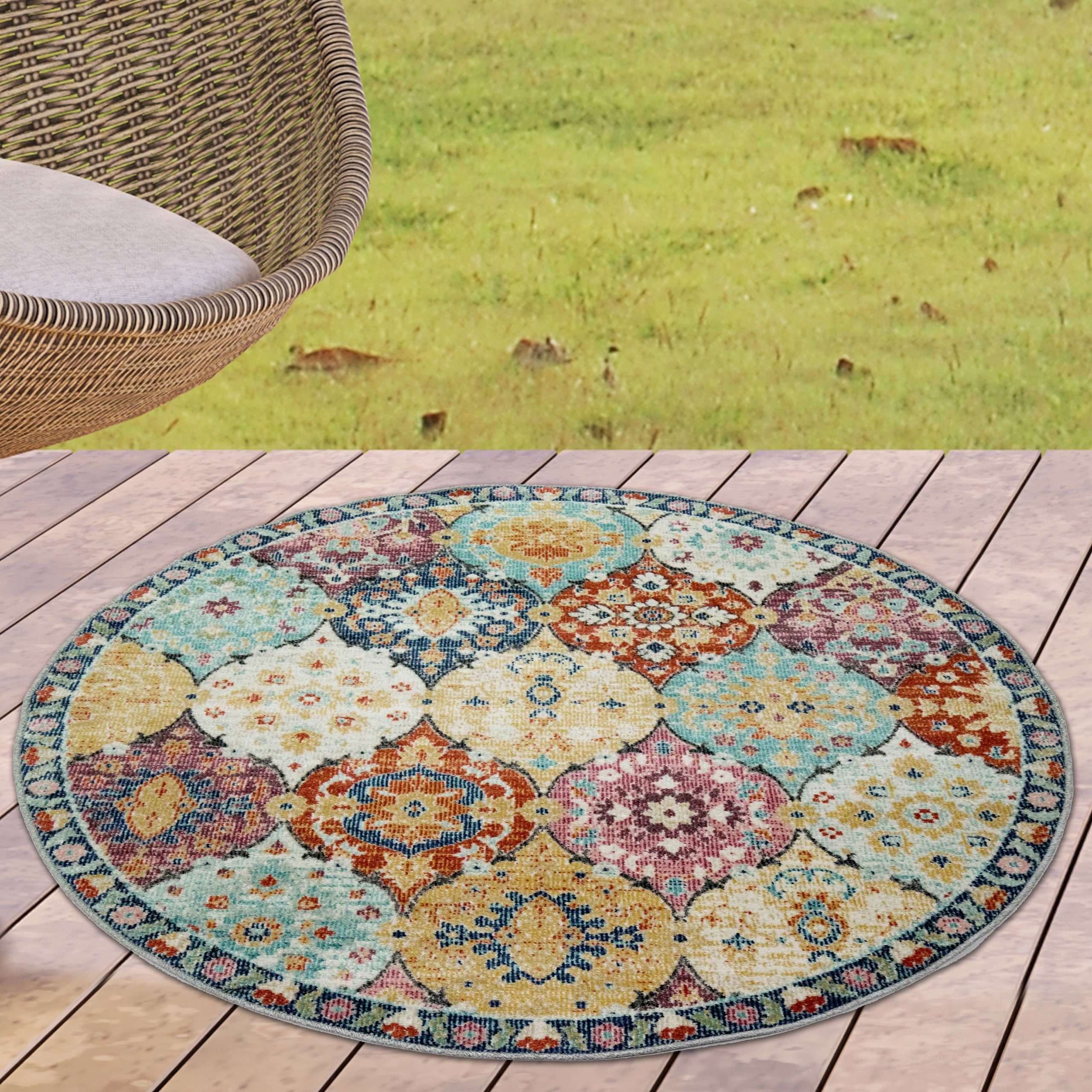 Carpetia Outdoorteppich In- und Outdoor, rund, Höhe: 5 mm, mit orientalischem Vintage-Ornamentmuster