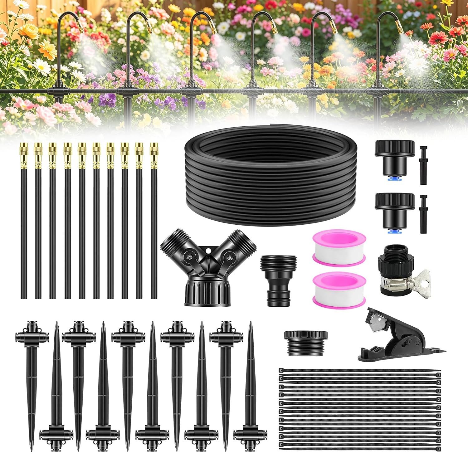 Feelhap Bewässerungssystem Automatisches Garten-Bewässerungssystem 15 m mit 360° Düsen, 51-teilig, (Garten-Bewässerungsset 15 m mit 360° Düsen, Adaptern und Zubehör, 51-tlg., Garten-Bewässerungsset 15 m mit 360° Düsen und Zubehör), 15 m PVC-Schlauch, 10 verstellbare 360° Messingdüsen, T-Stücke, Set