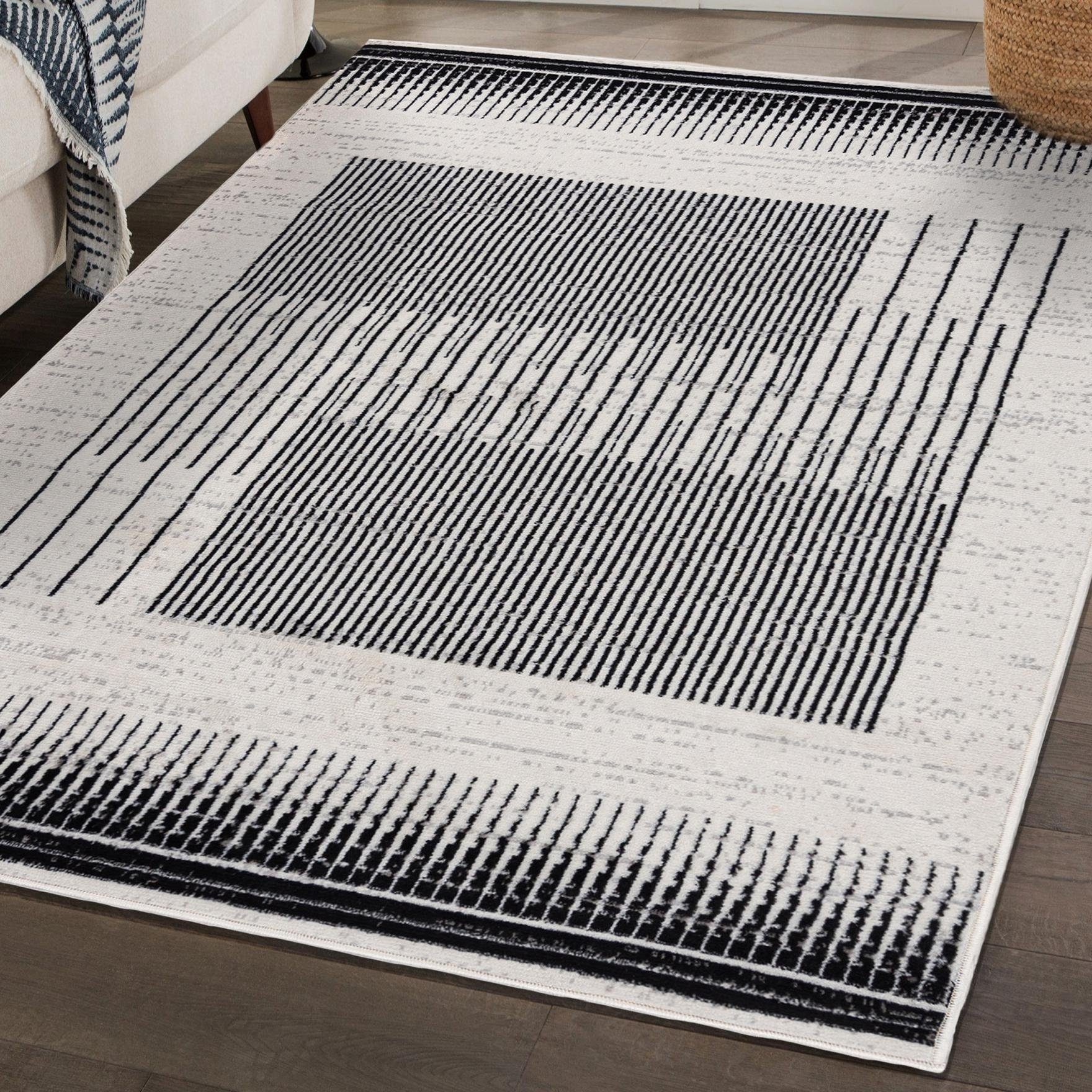 Designteppich Modern Teppich Geometrisch Creme Schwarz - Weich, Pflegeleich, Mazovia, 200 x 300 cm, Geeignet für Fußbodenheizung, Höhe 7 mm, Kurzflor