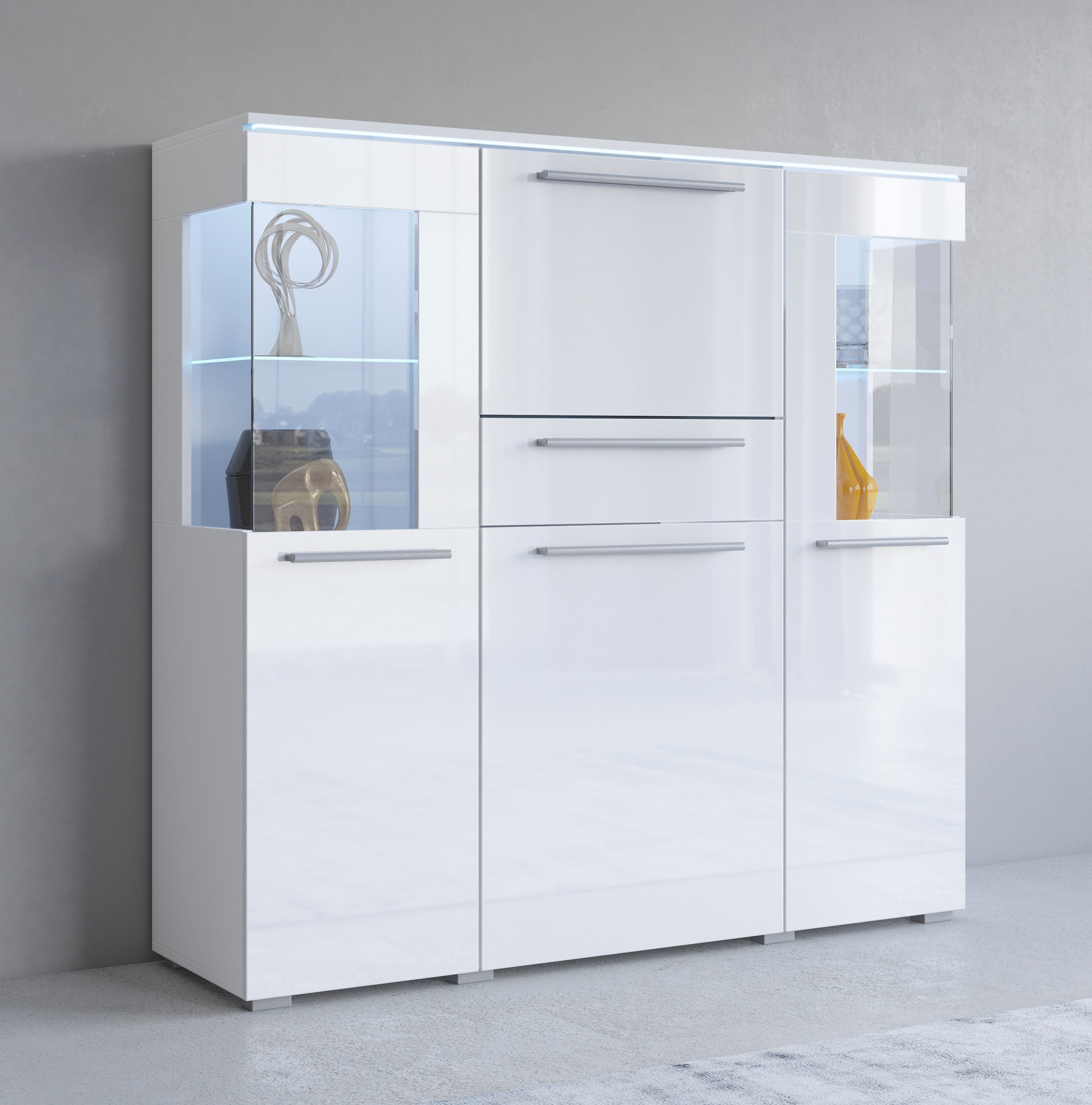 INOSIGN Highboard India,Breite 130cm, stilvolle Hochkommode 3Türen, Klappe und Schublade, Hochschrank viel Stauraum, Полиці verstellbar,ohne Beleuchtung