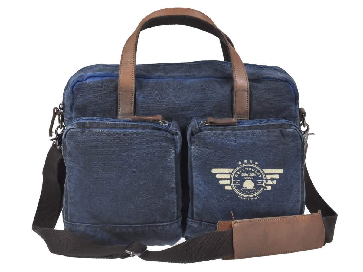 Greenburry Umhängetasche "Aviator Blue Edition" blau, Canvas mit Lederbesatz, Businesstasche 39x29cm mit Notebookfach