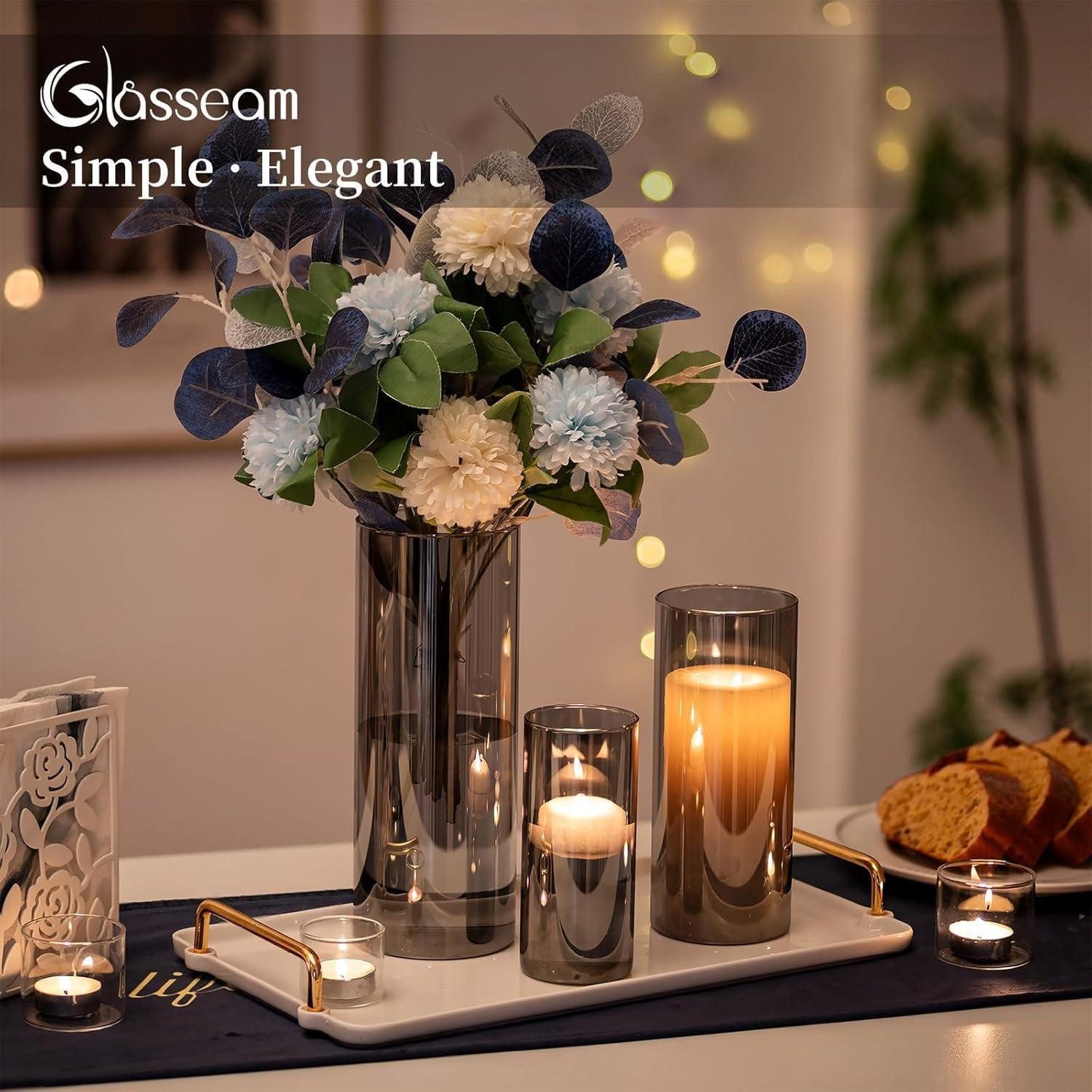 LuxusKollektion Tischvase Graue Glasvase Zylinder Vase Rund 3er Set Moderne Wohnzimmer Deko