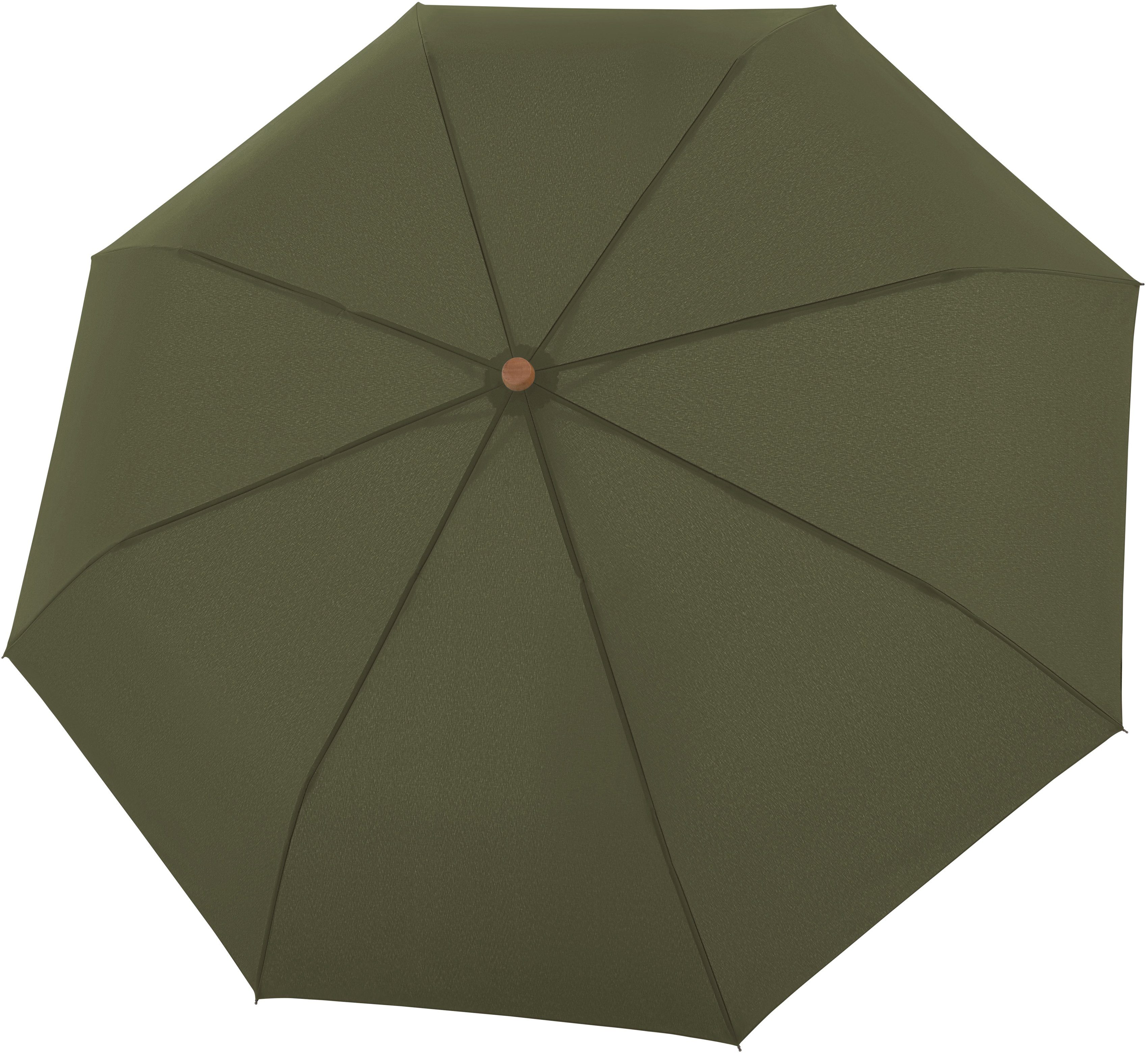 doppler® Taschenregenschirm nature Mini, deep olive, aus recyceltem Material mit Griff aus FSC®- schützt Wald - weltweit