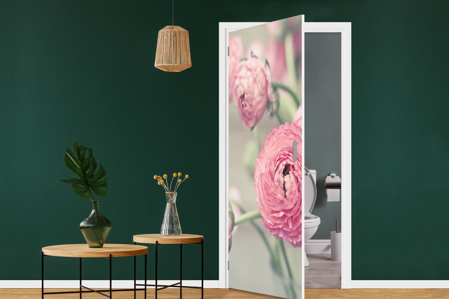 MuchoWow Türtapete Rosa Butterblumen in Türaufkleber, (1 cm einer St), Fototapete Tür, 75x205 Matt, für bedruckt, Glasvase